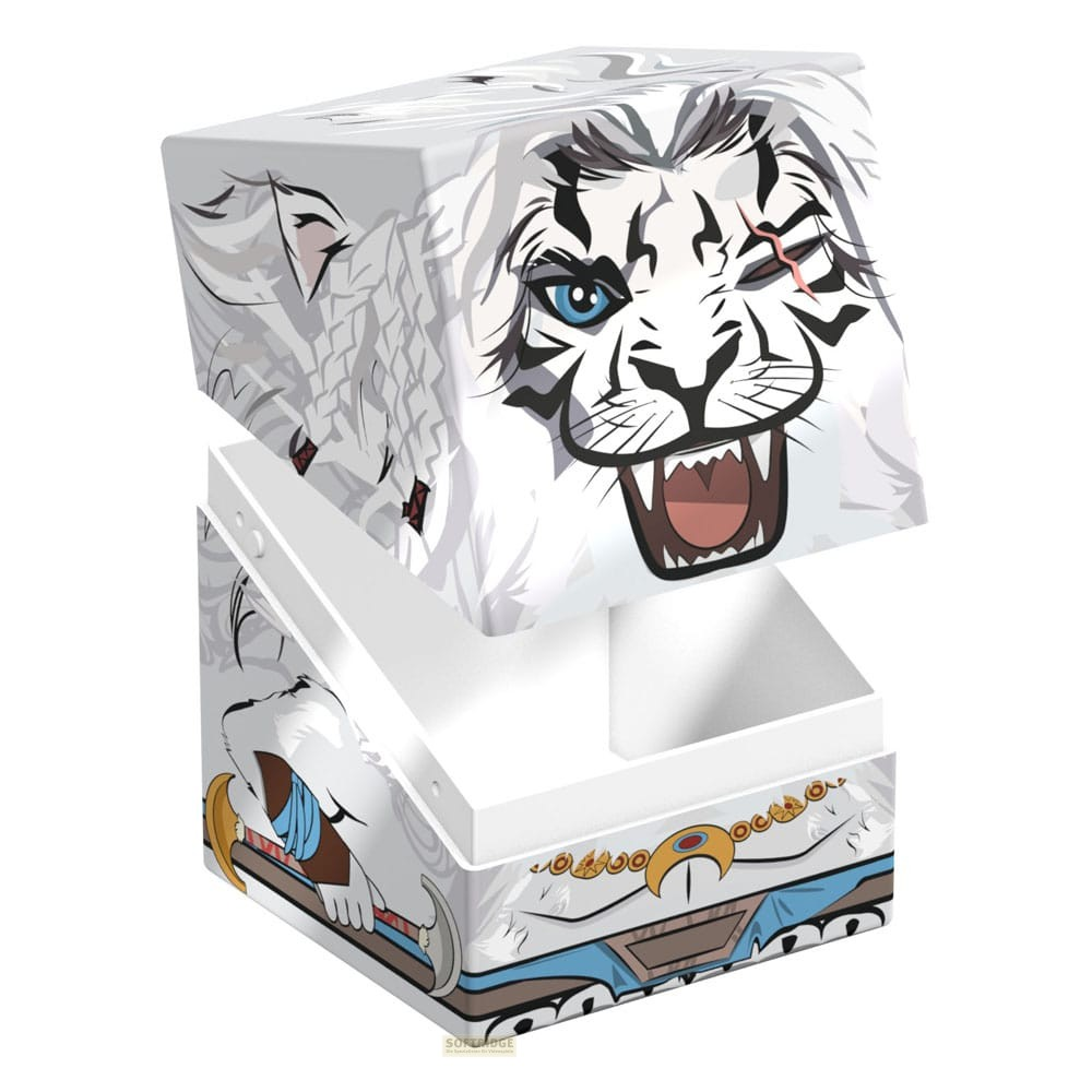 Un étui de cartes blanc avec le visage d'un tigre blanc rugissant avec un œil bleu.