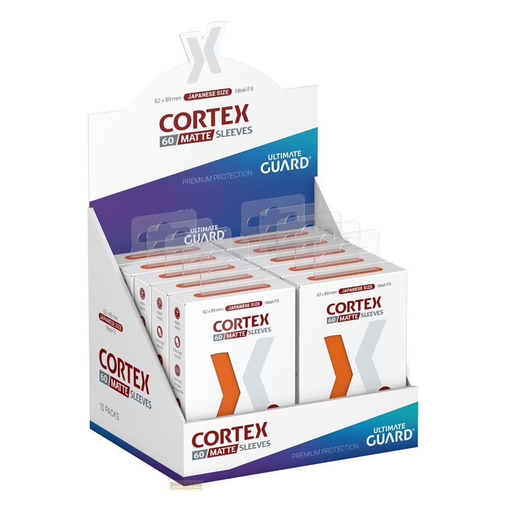 Boîte de présentation avec dix protège-cartes Ultimate Guard Cortex Matte taille japonaise, blanc et logo orange.