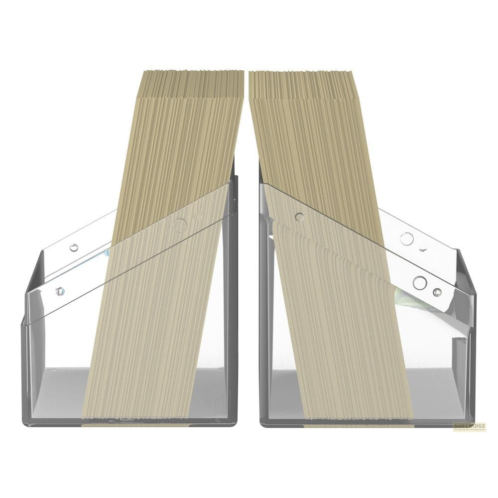 Zwei transparente Acrylhalter gefüllt mit beige Papierservietten auf weißem Hintergrund.