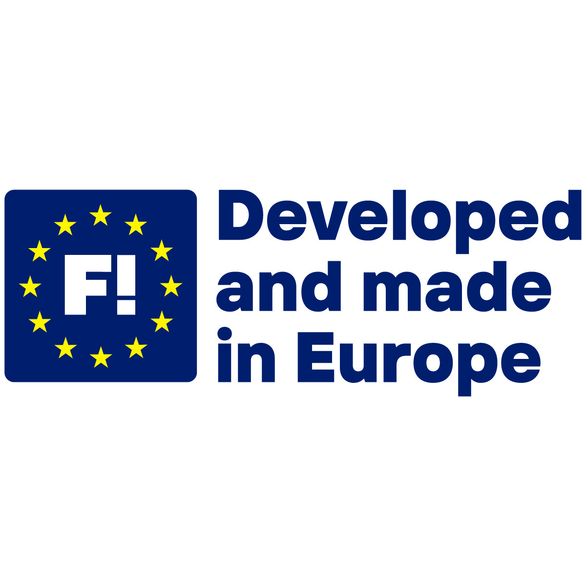 Logo con quadrato blu, stelle gialle, testo F! e Developed and made in Europe.