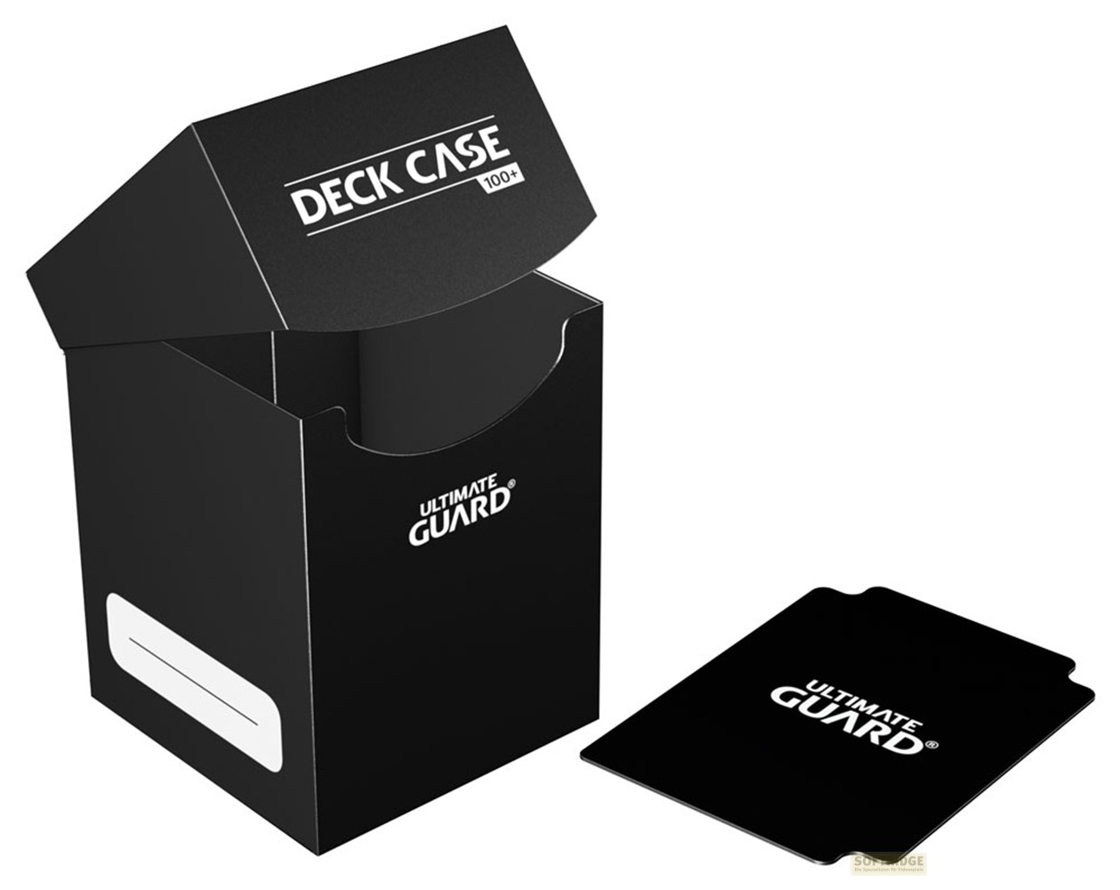 Une boîte de deck noire Ultimate Guard avec couvercle ouvert et séparateur.