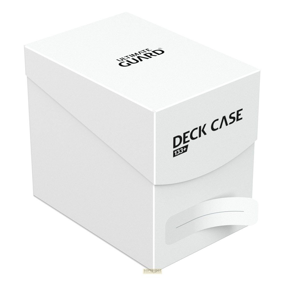 Une boîte de cartes blanche Ultimate Guard Deck Case 133+ avec logo noir sur fond blanc.