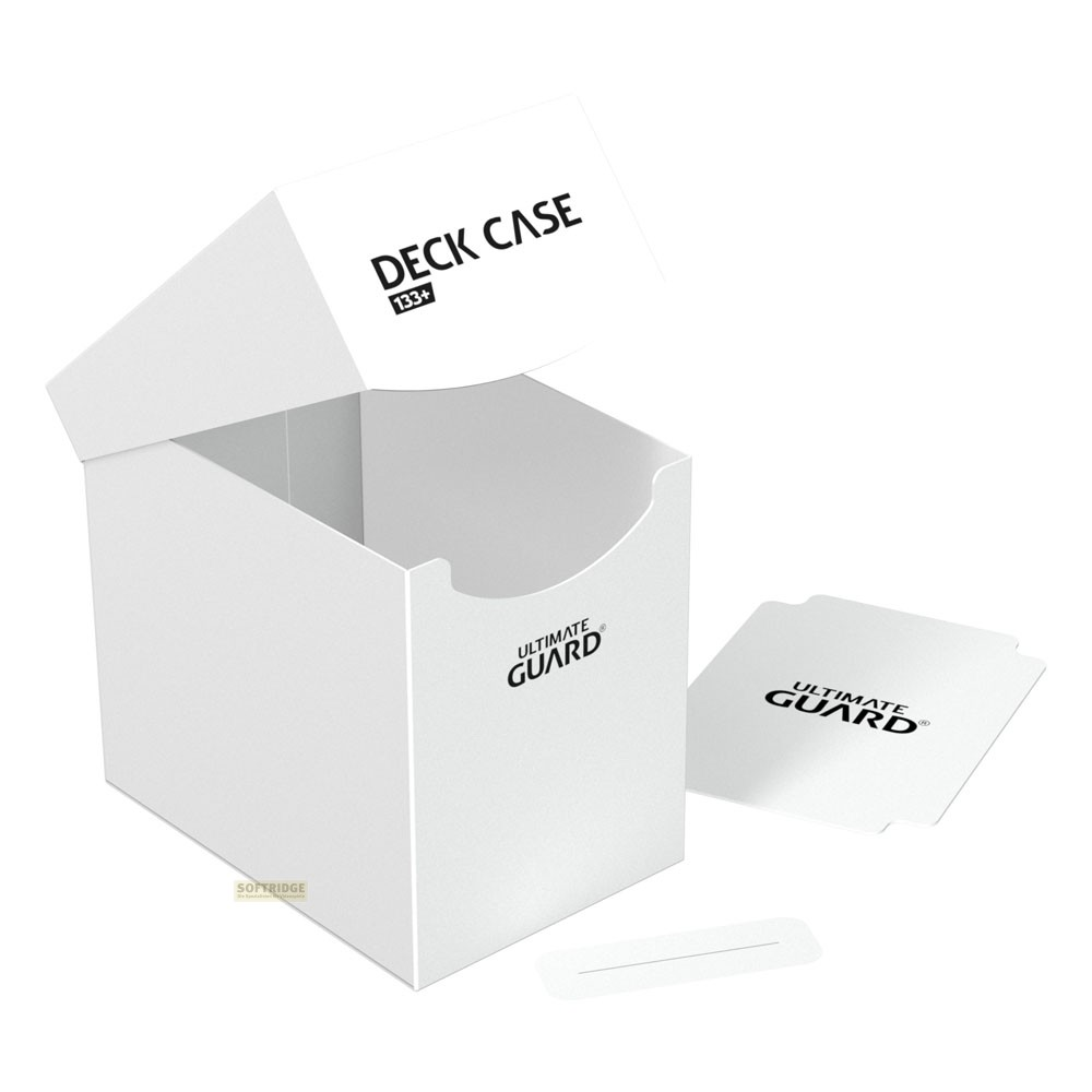 Boîte de deck blanche Ultimate Guard avec couvercle ouvert, carte de séparation et étiquette sur fond blanc.