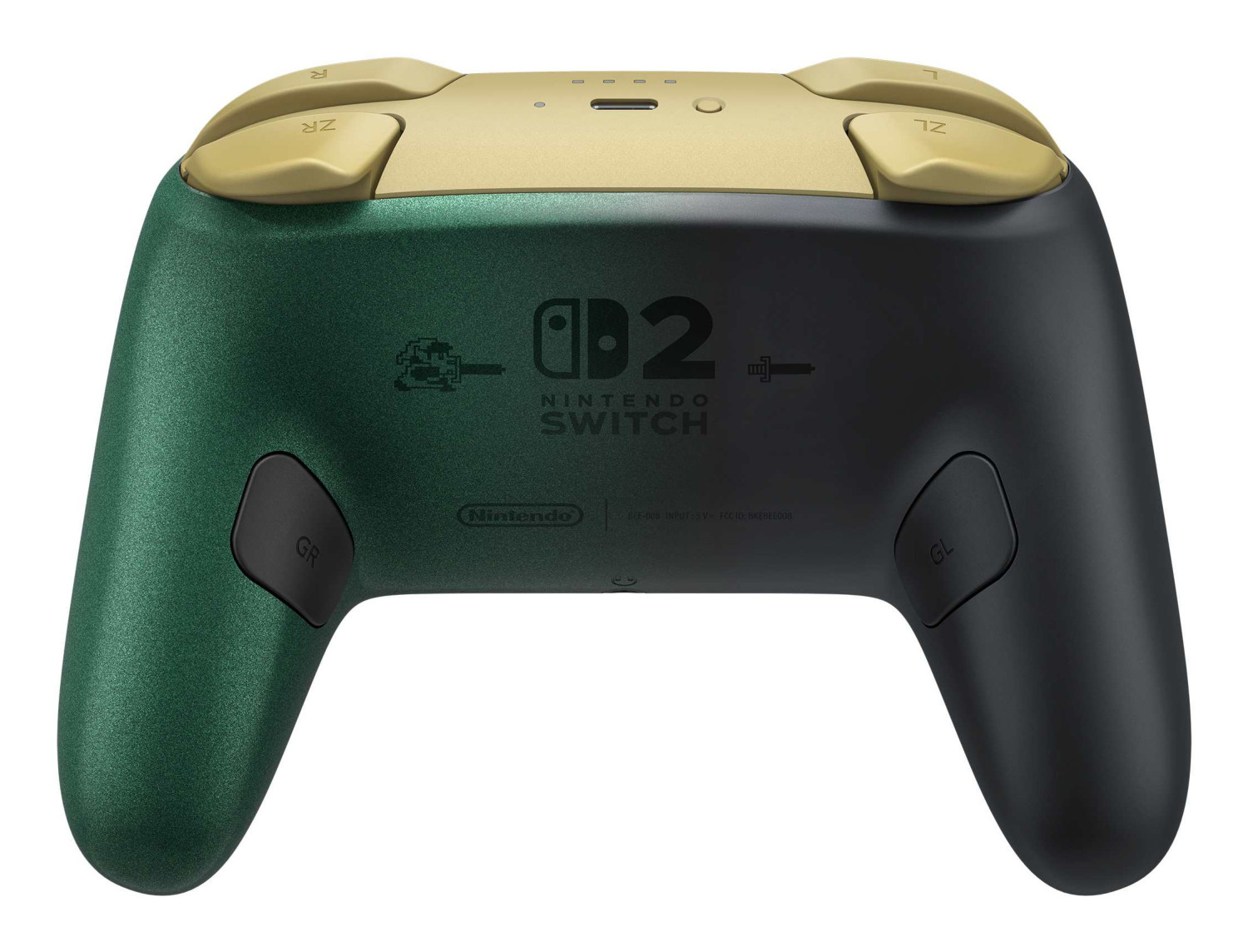 Retro di un controller Nintendo Switch 2 verde e nero con pulsanti dorati su sfondo bianco.