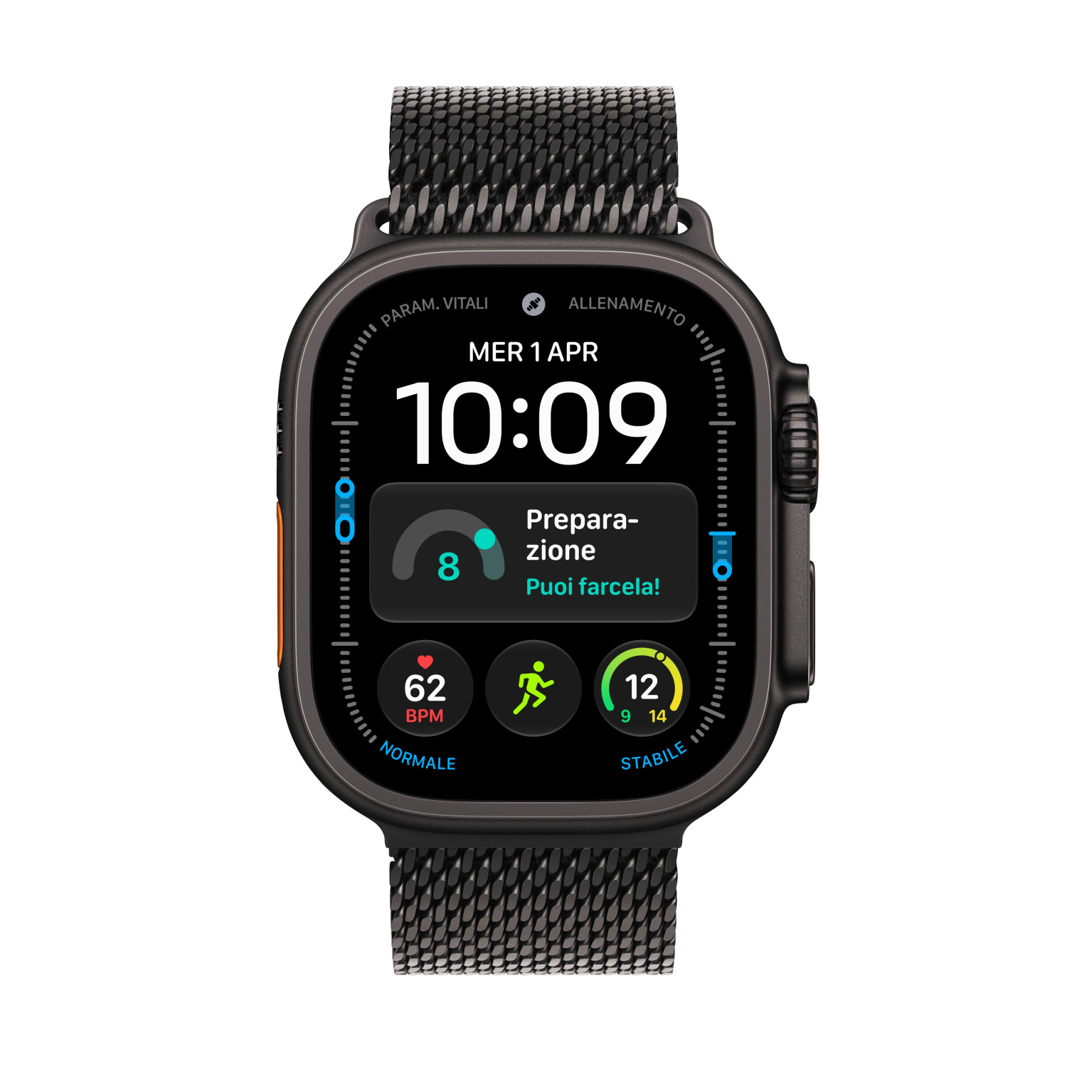 Uno smartwatch nero con cinturino in maglia metallica mostra l'ora 10:09 e vari parametri di fitness sullo schermo.