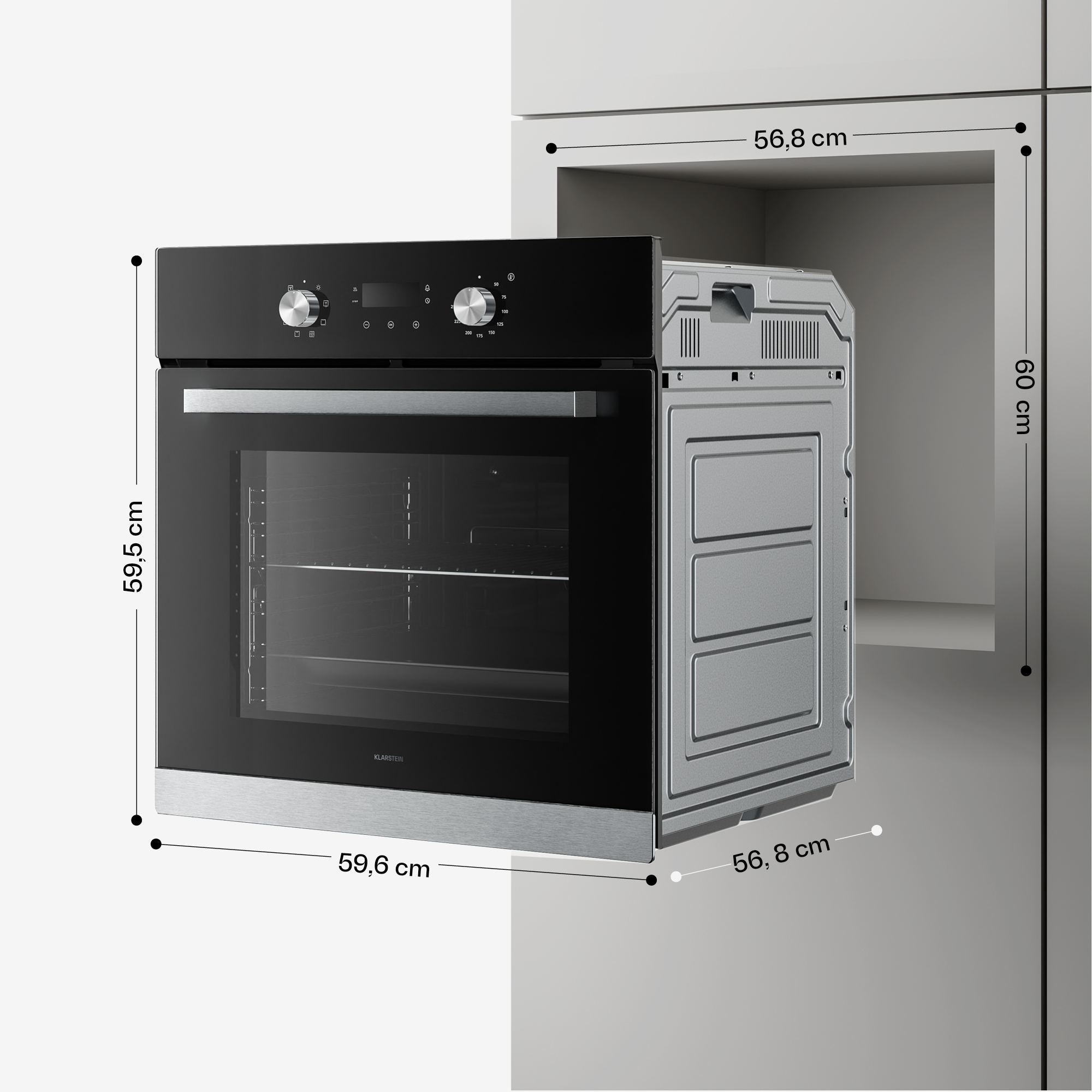 Forno da incasso nero e argento con misure indicate su sfondo cucina bianco e grigio.