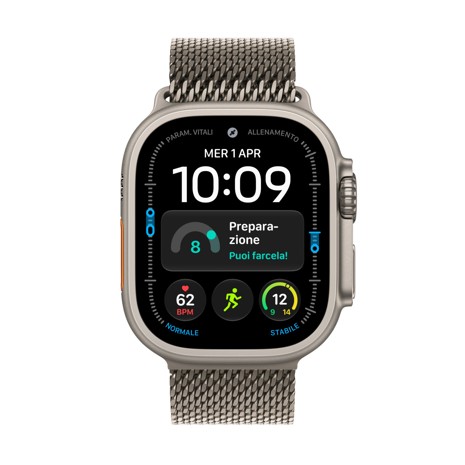 Smartwatch con cassa in titanio e cinturino a maglia mostra 10:09, battito cardiaco di 62 BPM e attività.