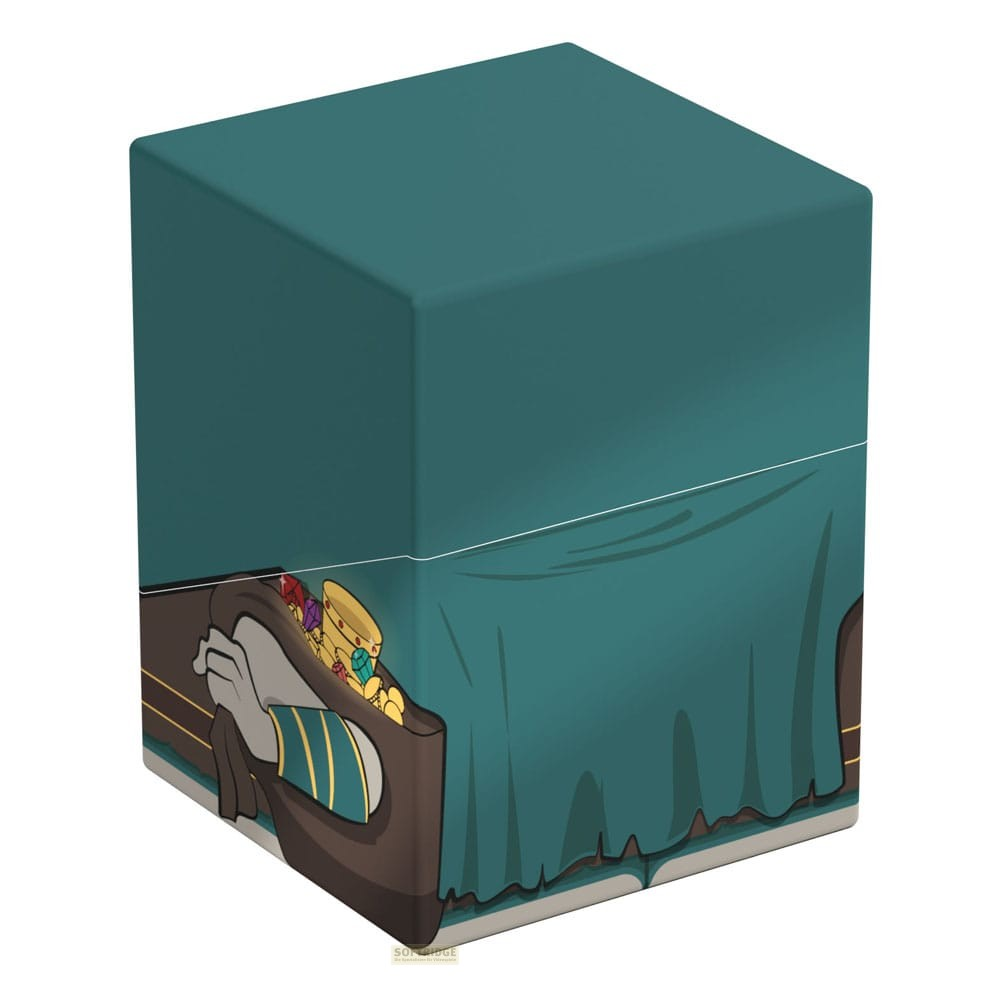 Une boîte turquoise montre un coffre ouvert rempli de trésors, partiellement caché par un rideau.
