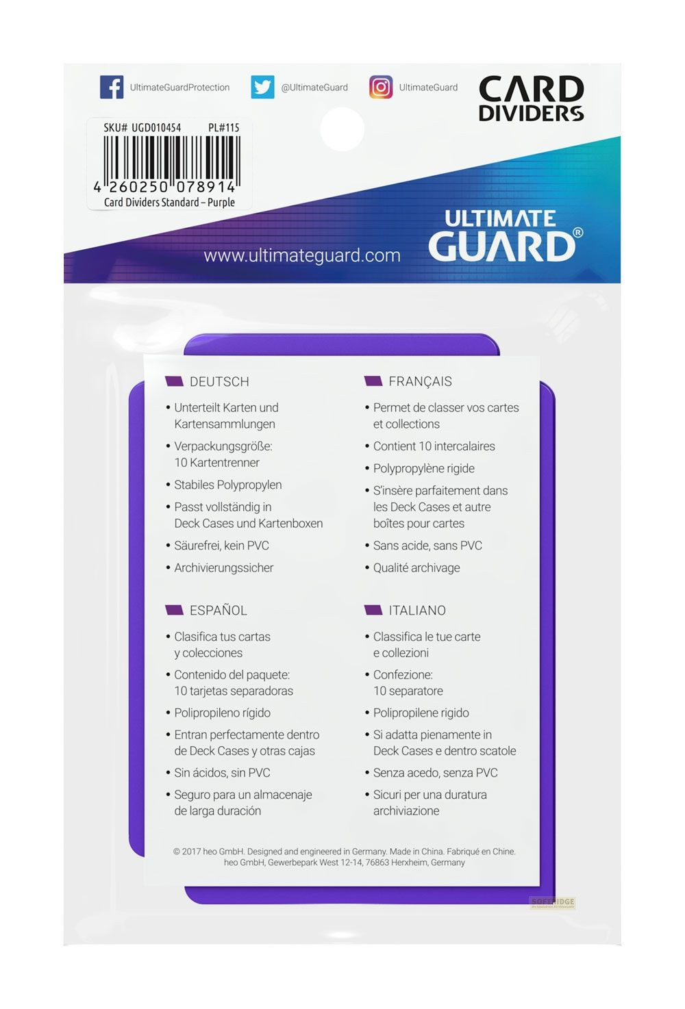 Dos de l'emballage des séparateurs de cartes violets Ultimate Guard avec texte multilingue et code-barres.