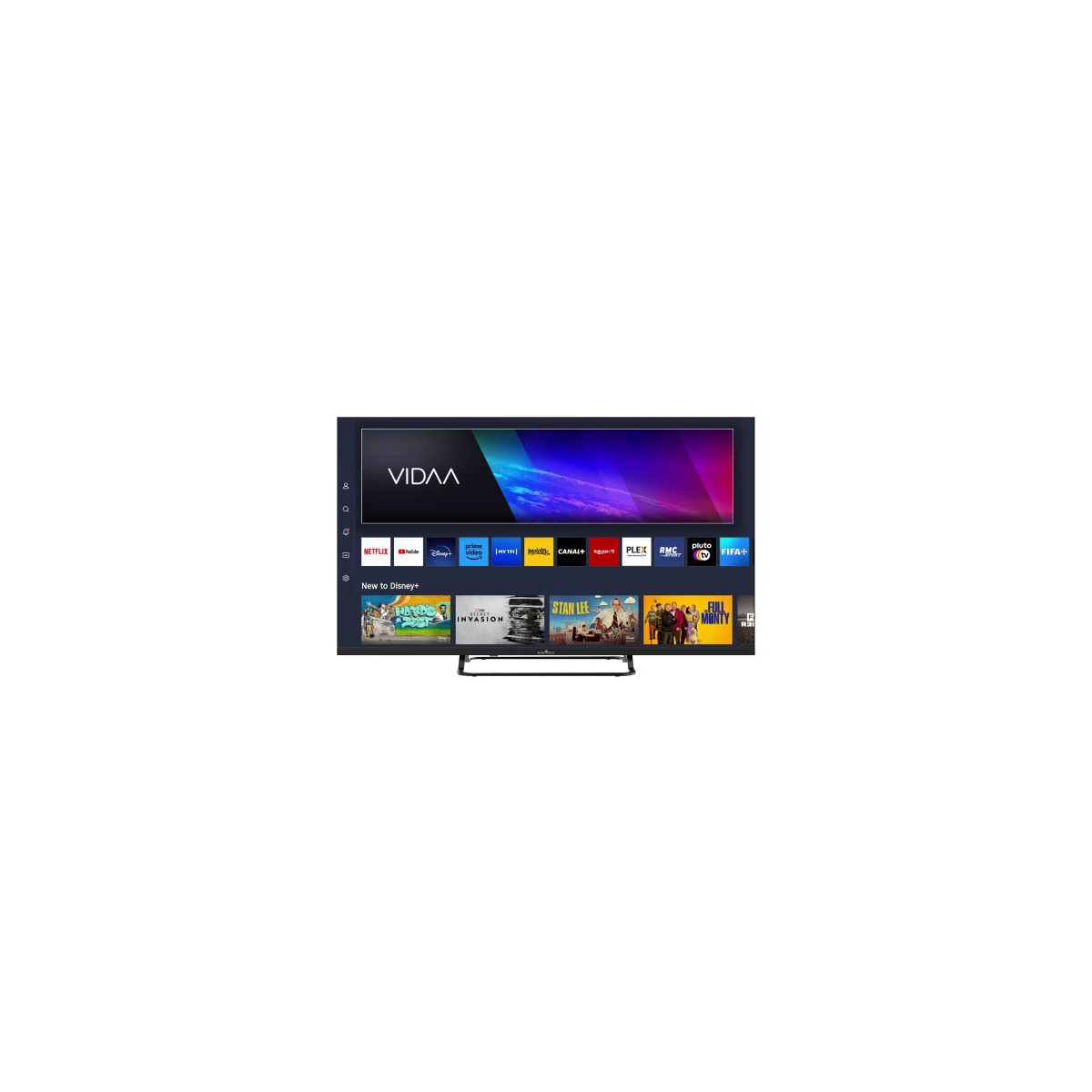 Una moderna smart TV mostra l'interfaccia VIDAA con icone di app di streaming su sfondo bianco.