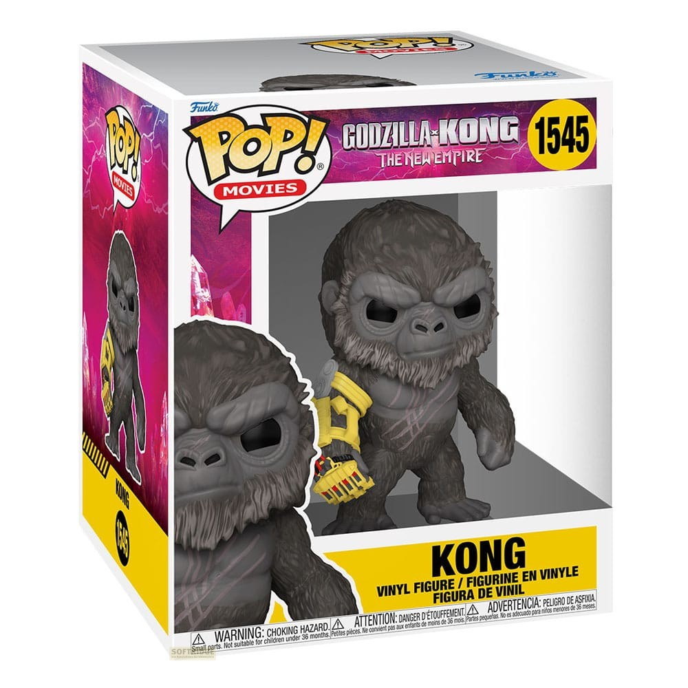 Una figura de vinilo Funko Pop de Kong con un guante mecánico amarillo en una caja colorida.