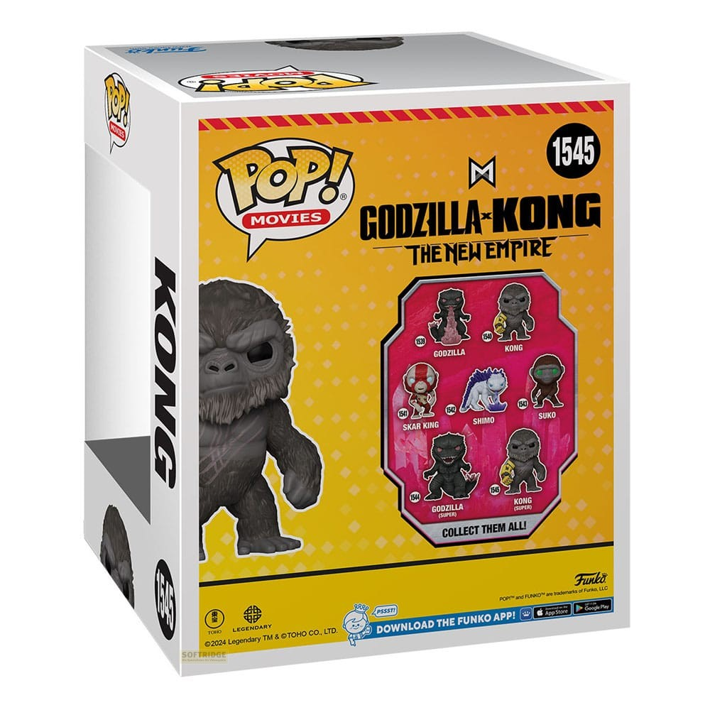 Caja Funko Pop de Godzilla x Kong con imágenes de personajes sobre fondo amarillo.