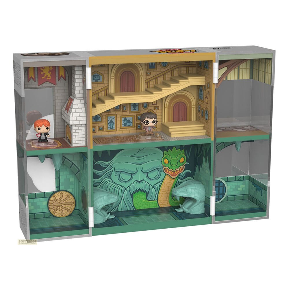 Set de Funko Pop de Harry Potter con habitaciones de Hogwarts, escaleras y personajes.
