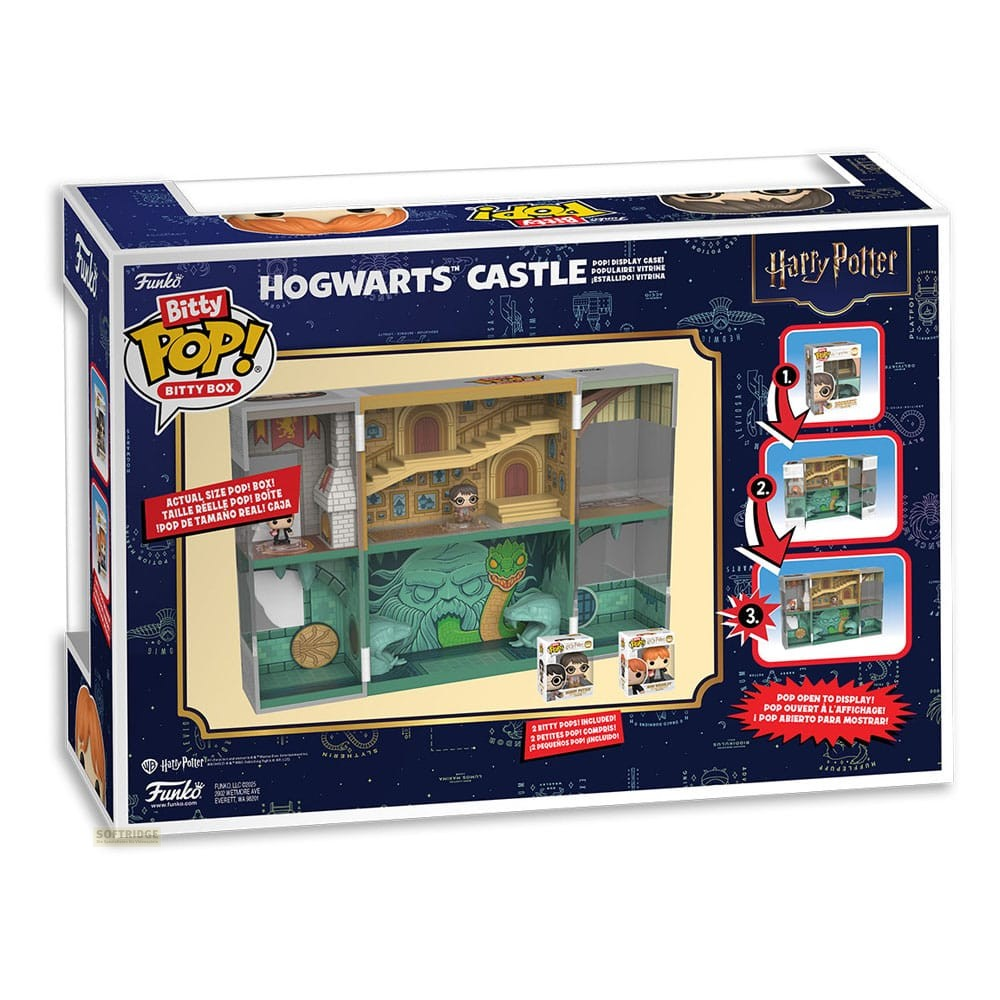 Caja de exhibición del Castillo de Hogwarts de Harry Potter Bitty Pop con dos figuras.