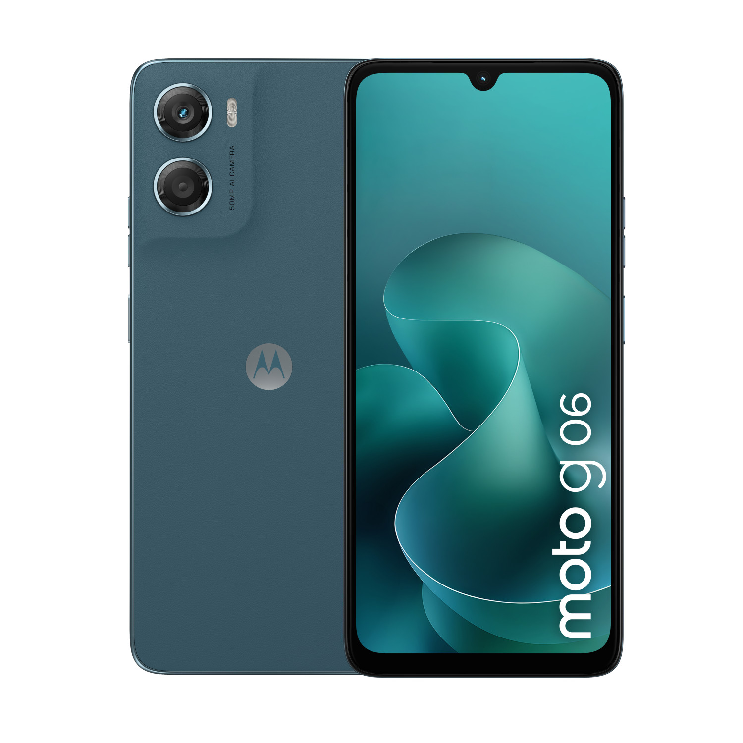Turkusowy smartfon Motorola Moto G 06 z przodu i z tyłu, z dwoma aparatami i zakrzywionym ekranem.