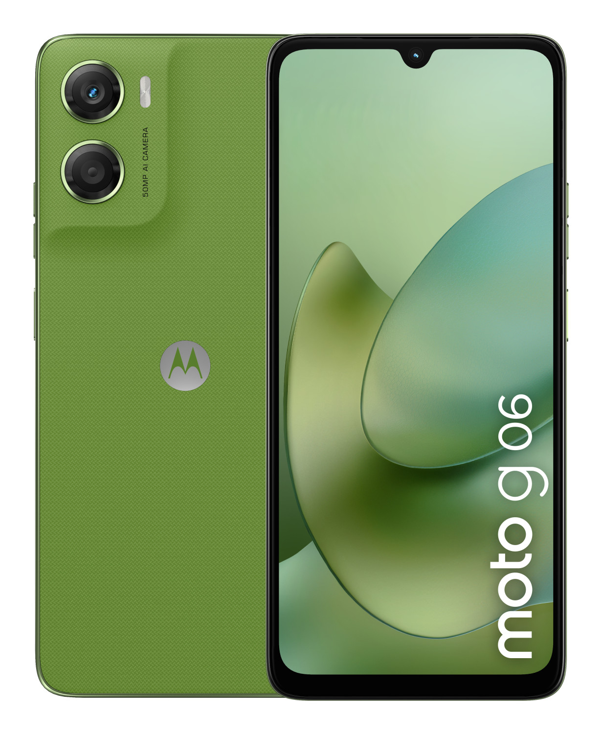 Zielony smartfon Moto G06 pokazany z przodu i z tyłu, z dwoma aparatami i zakrzywionym tłem ekranu.