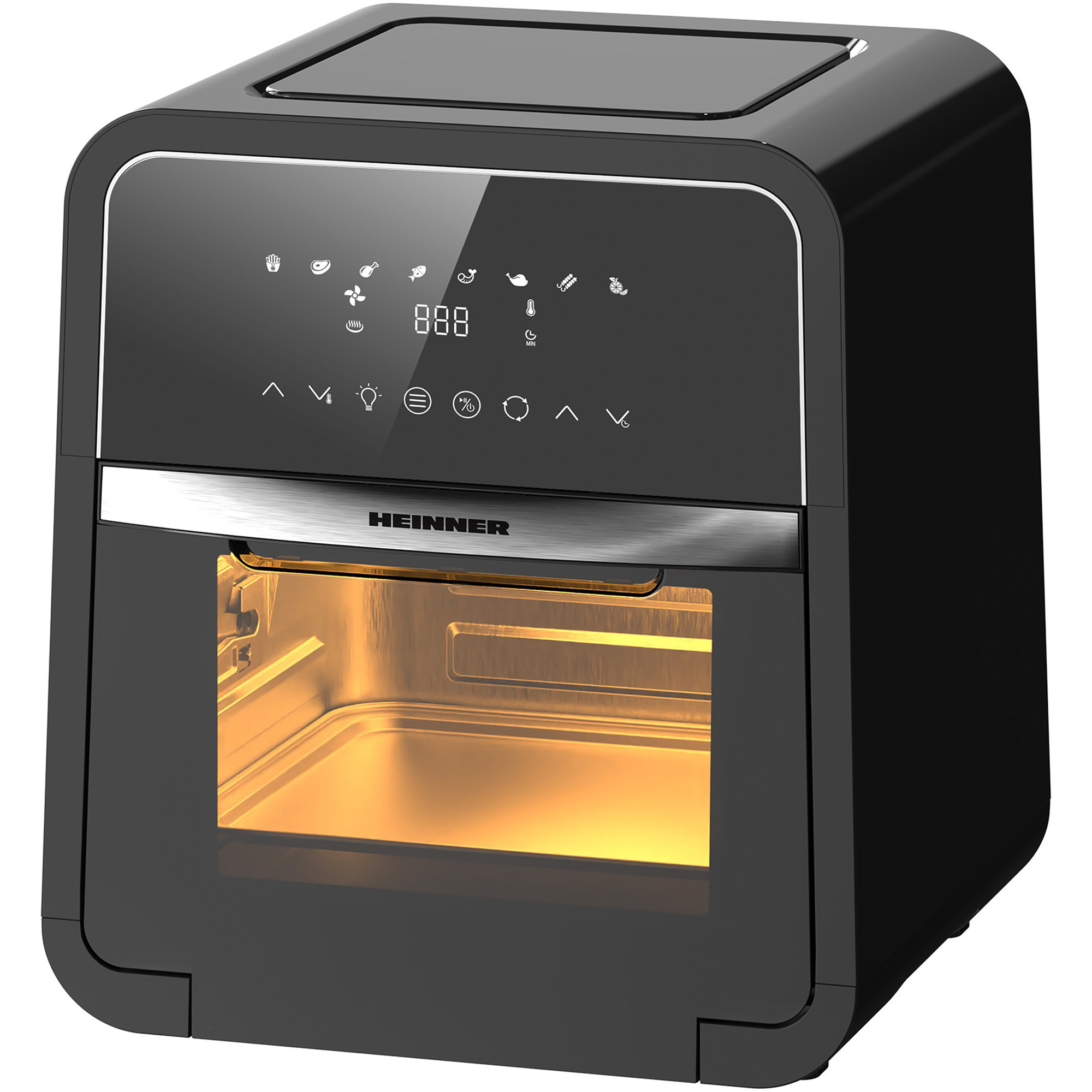 Zwarte airfryer met digitaal touchscreen en verlichte binnenkant, met de merknaam HEINNER.