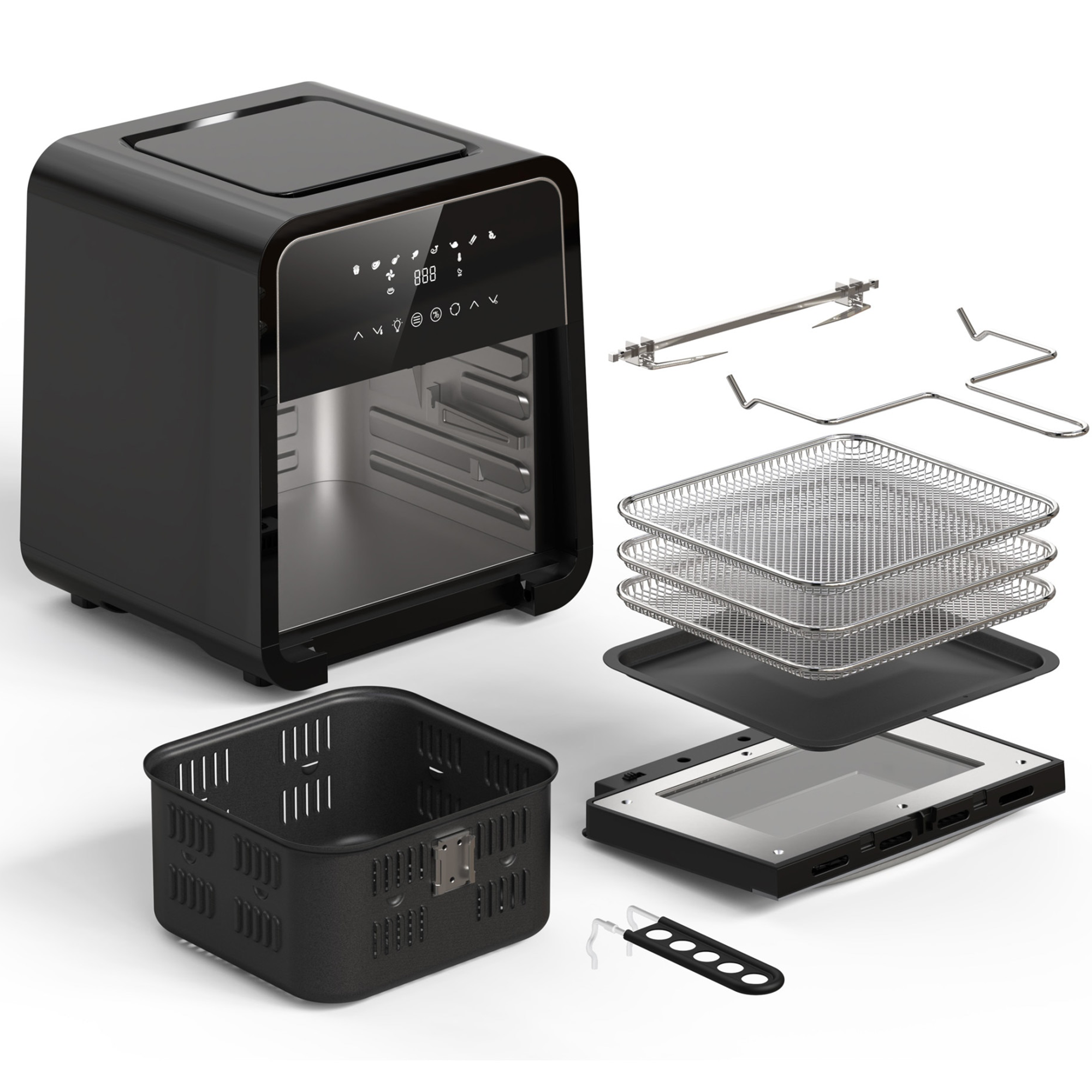 Een zwarte airfryer met open deur en losse accessoires zoals rekjes, mandjes en bakplaten op wit.