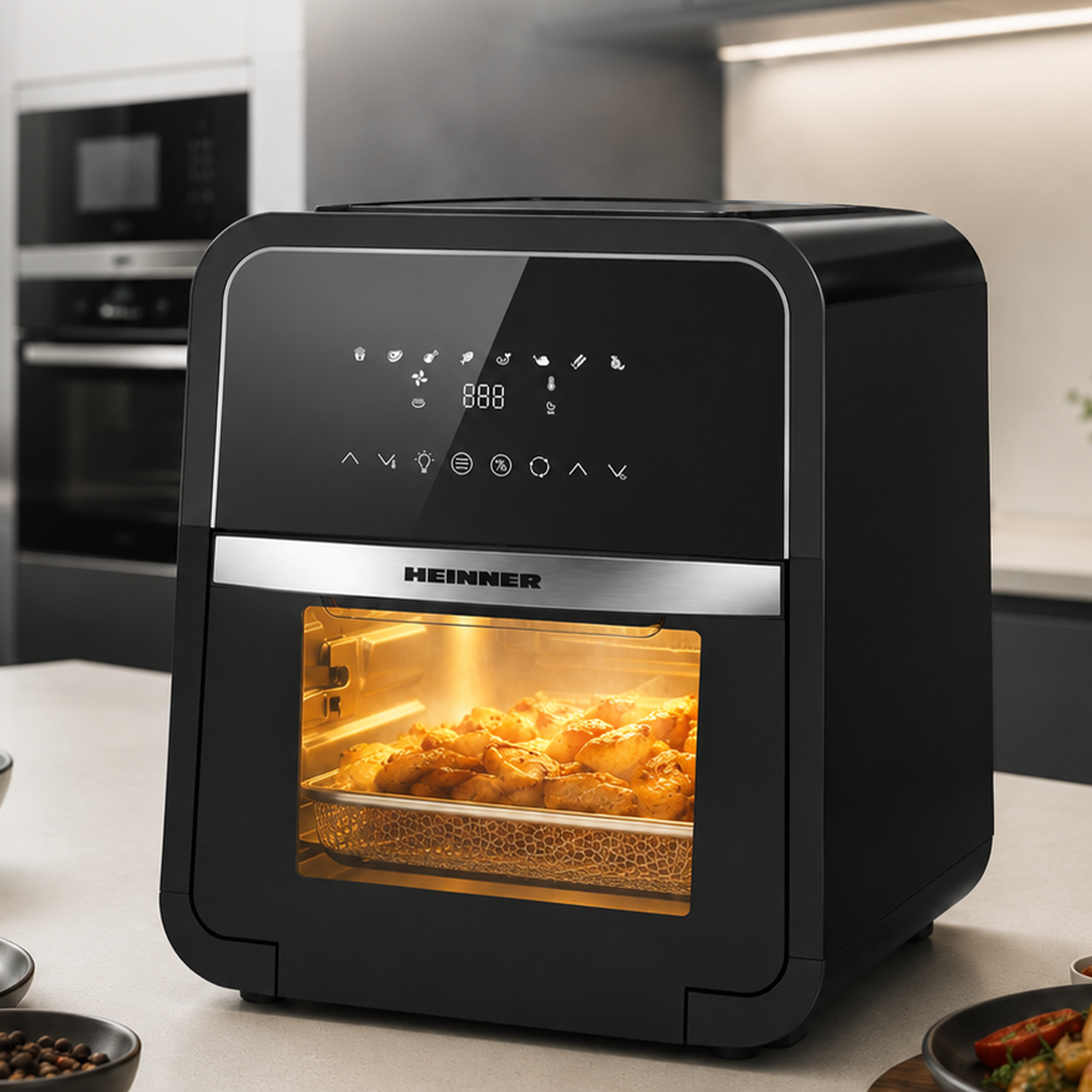 Zwarte heteluchtfriteuse op een aanrecht, met verlicht display en kokend eten in het verlichte interieur.