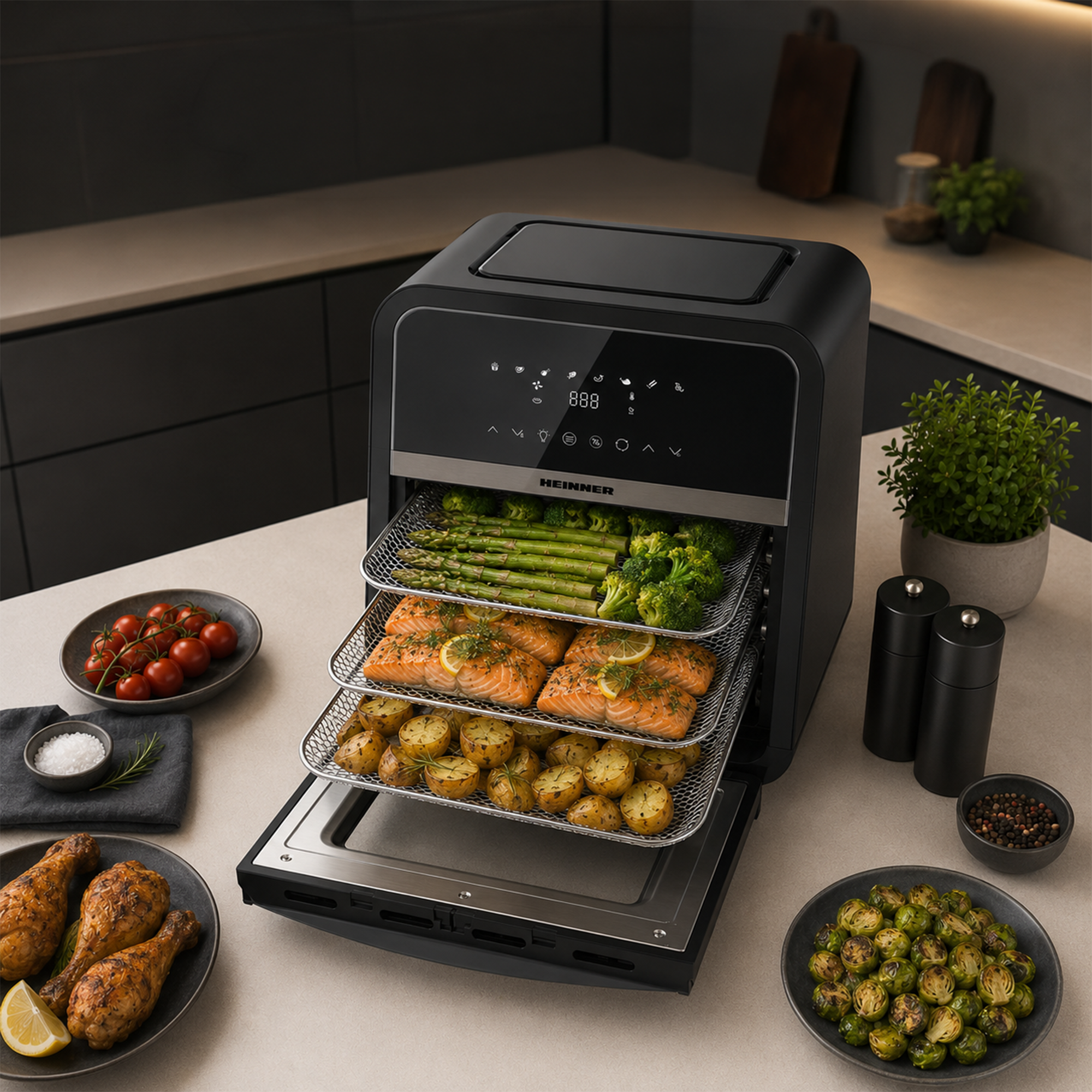 Zwarte airfryer met drie lagen gevuld met groenten, zalm en aardappelen, op een aanrecht.