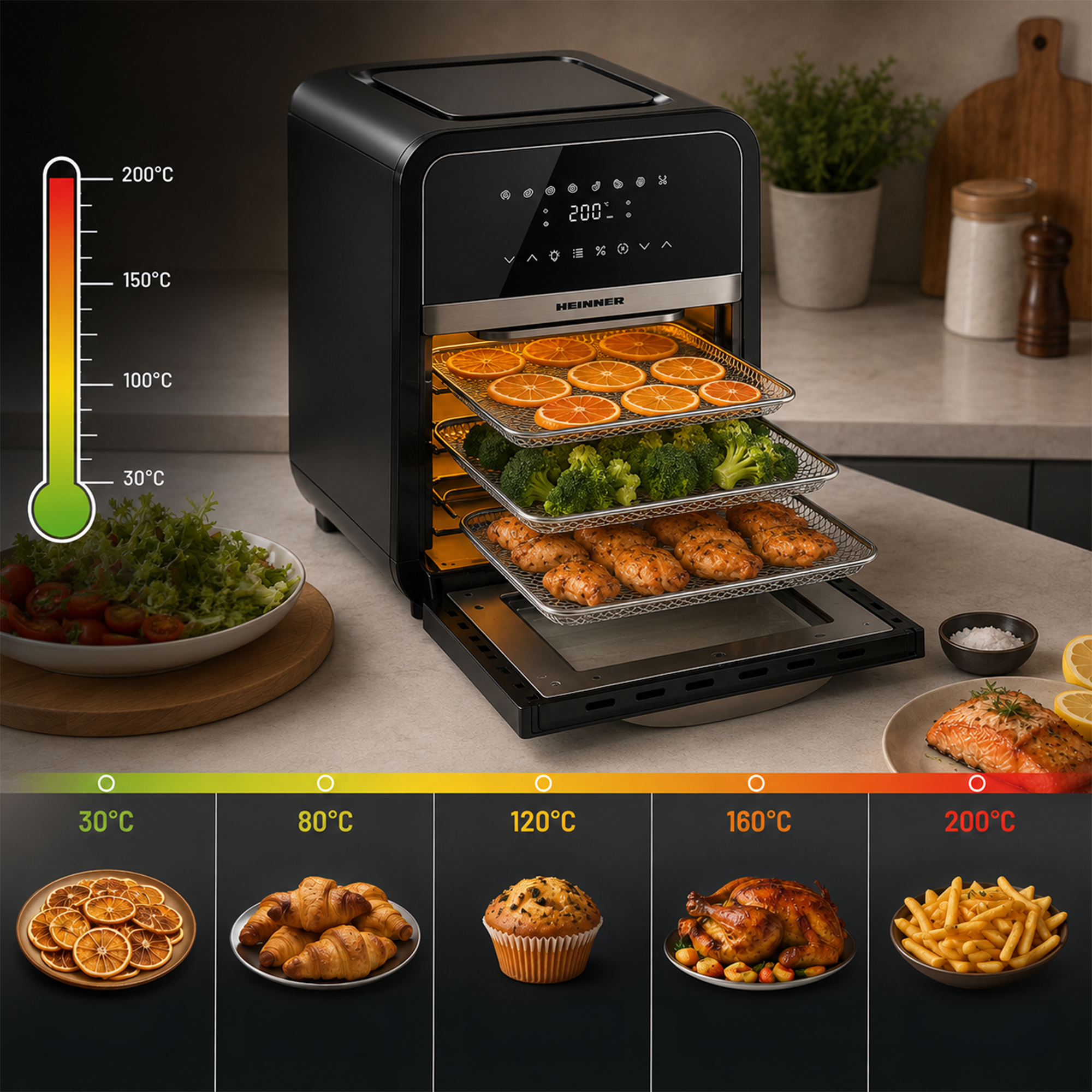 Een zwarte airfryer met drie open lades met gedroogde sinaasappels, broccoli en kip.