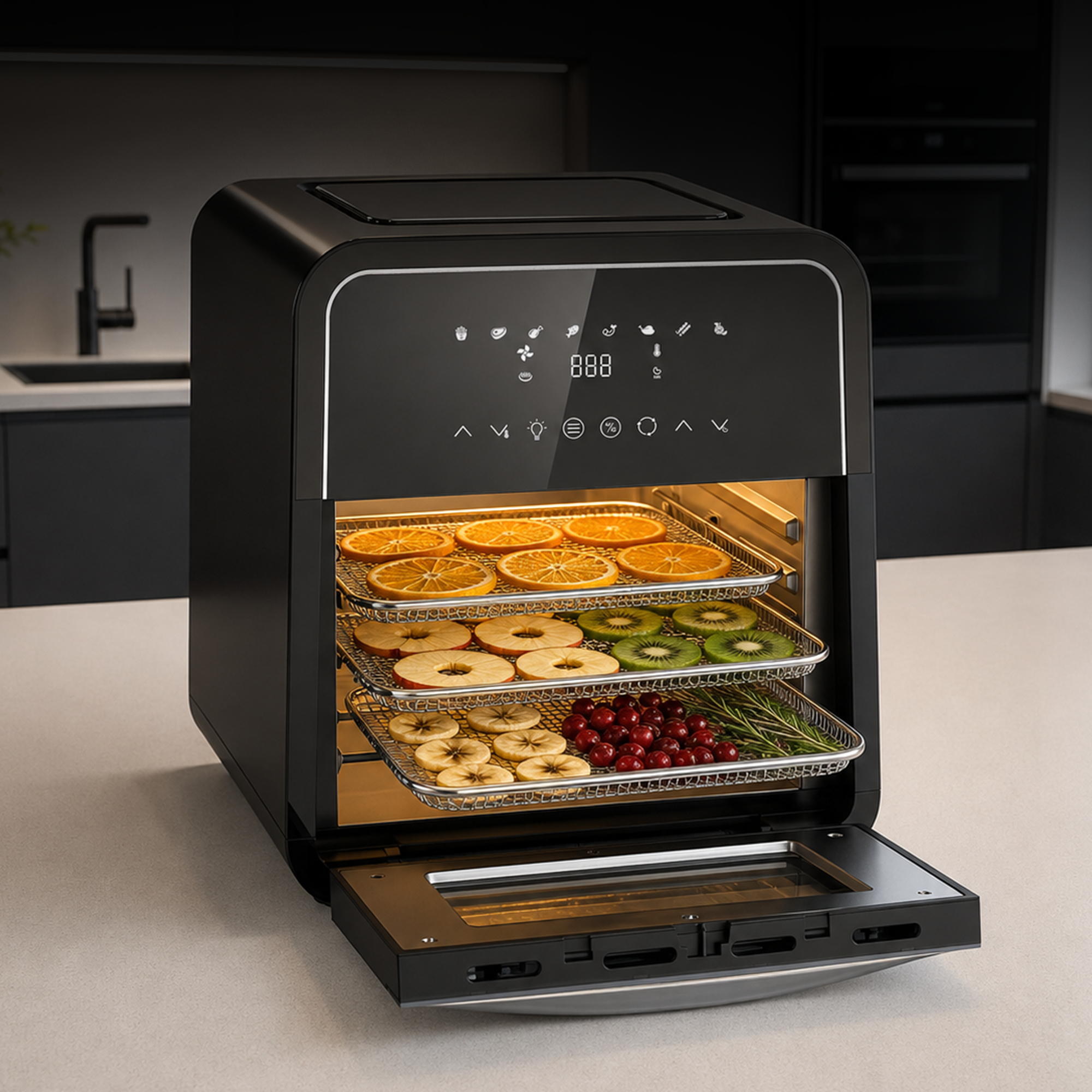 Zwarte heteluchtfriteuseoven met drie rekken gedroogd fruit op een aanrecht.