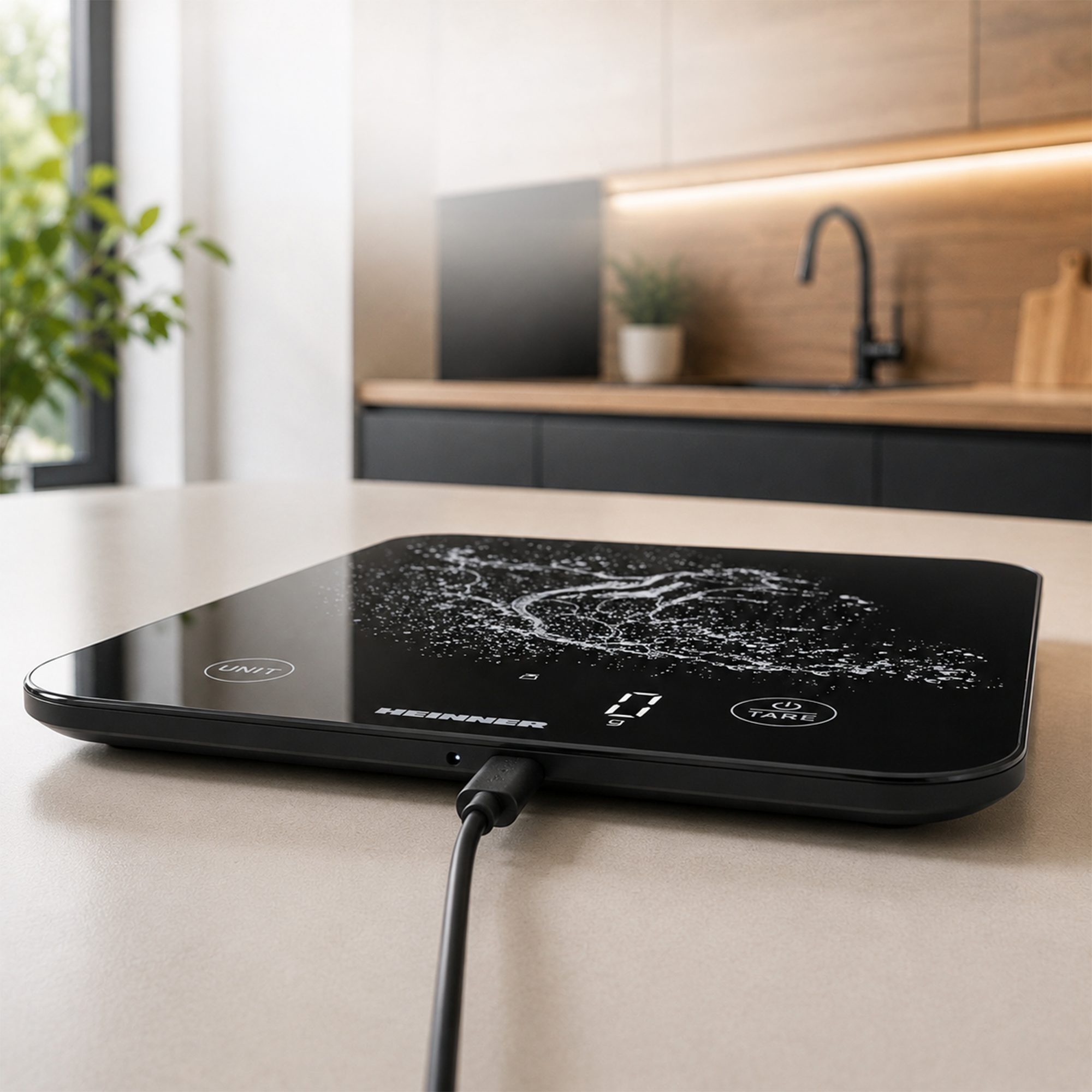 Eine schwarze digitale Küchenwaage mit weißem Spritzmuster liegt auf einer Arbeitsplatte und ist an ein USB-Ladekabel angeschlossen.