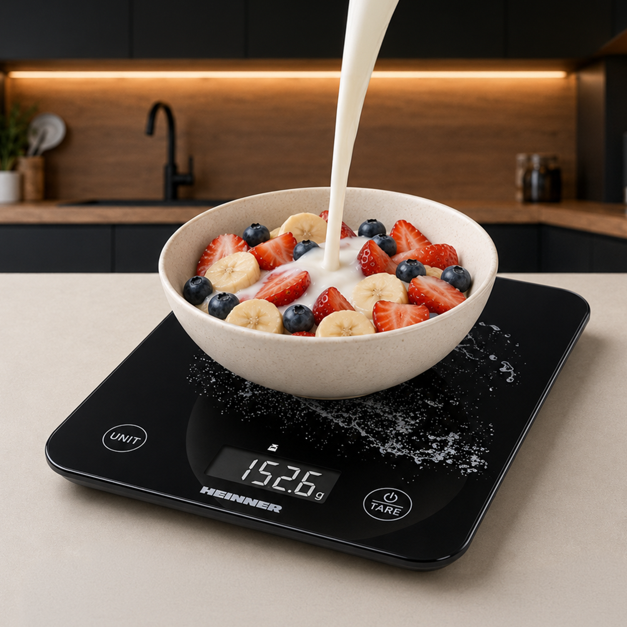 Milch wird in eine Schüssel mit Bananen und Beeren auf einer digitalen Küchenwaage gegossen.