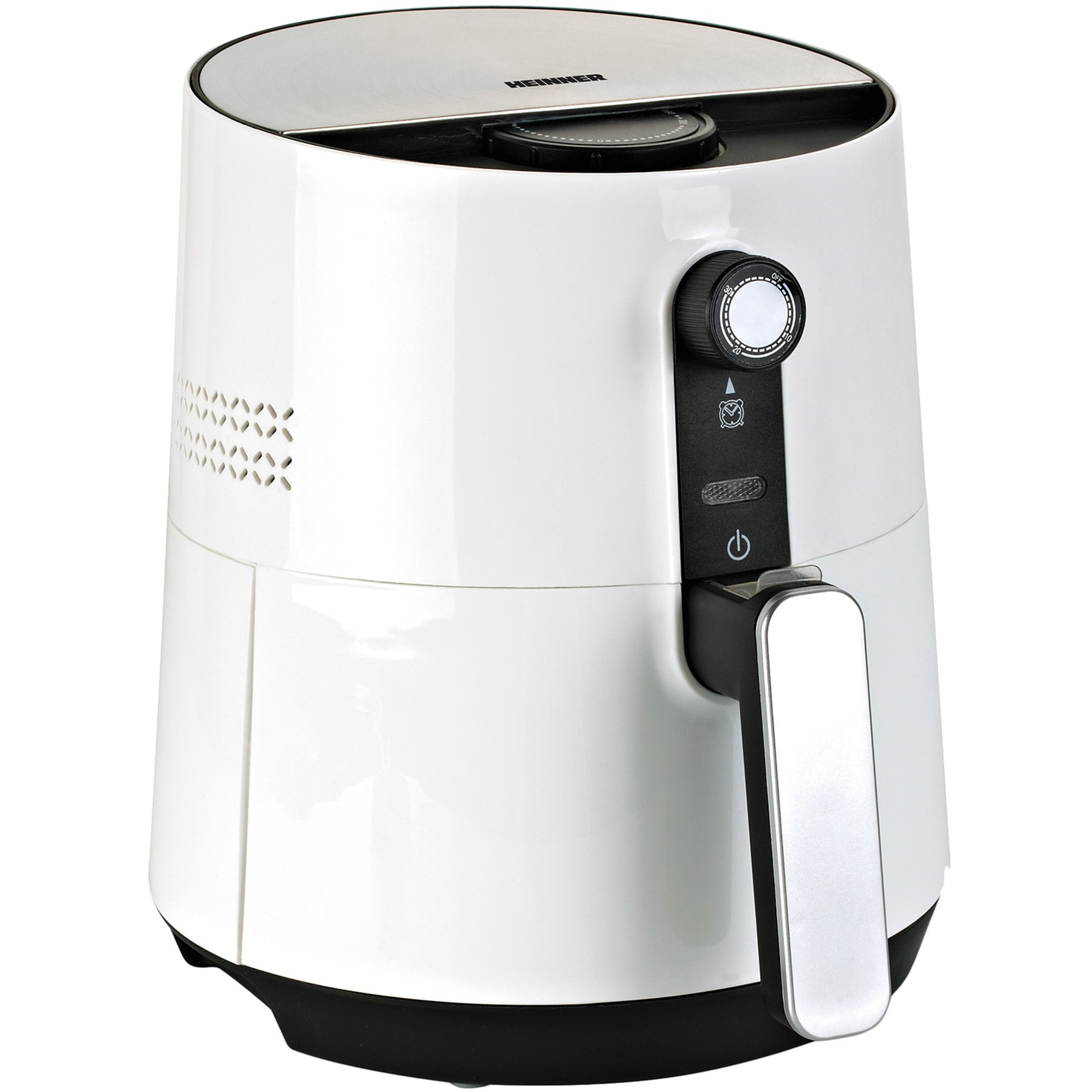 A white air fryer with a black handle and control panel on a white background.
