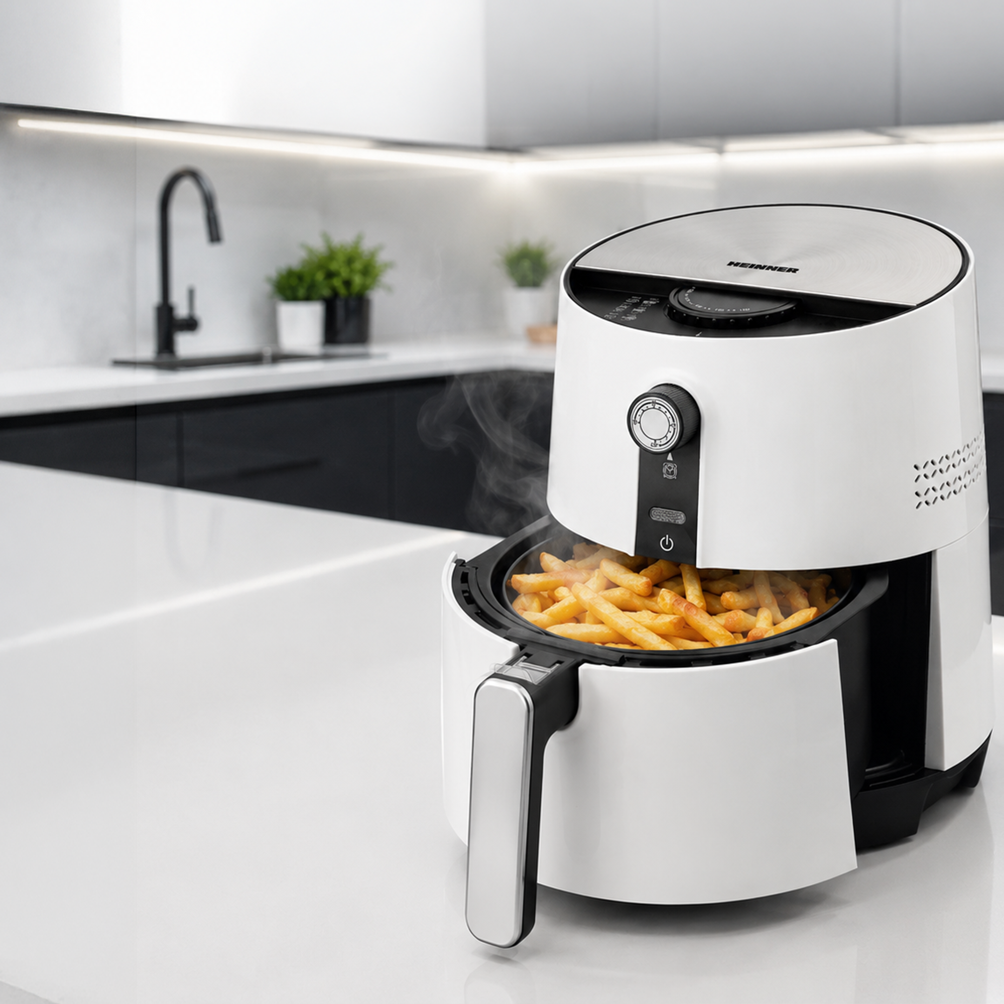 A white air fryer with cooked french fries and rising steam stands on a modern kitchen counter.