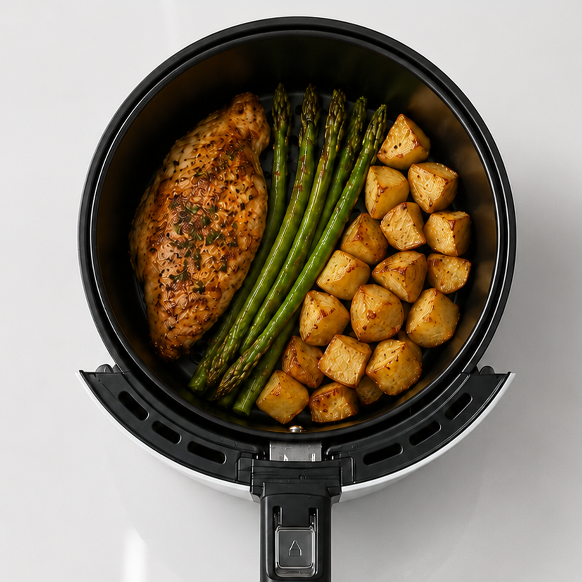 An air fryer basket containing cooked chicken breast, green asparagus spears, and roasted potatoes.