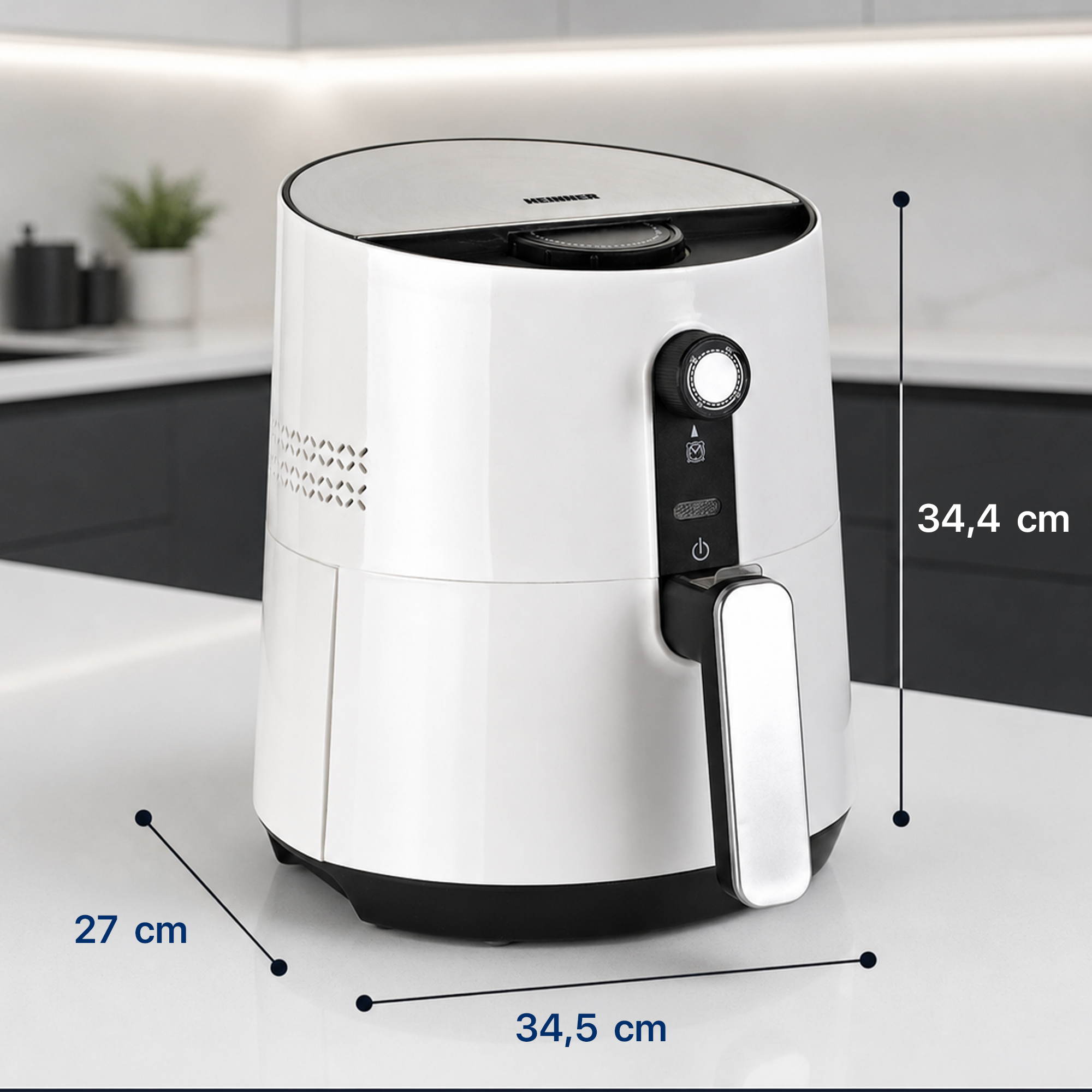 Friteuse sans huile blanche de 34,4 cm de haut, 34,5 cm de large et 27 cm de profondeur sur un comptoir.