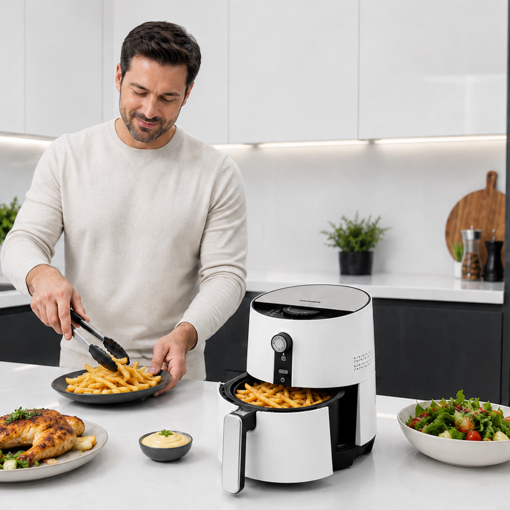 A man uses tongs to take fries from an air fryer in a modern kitchen.