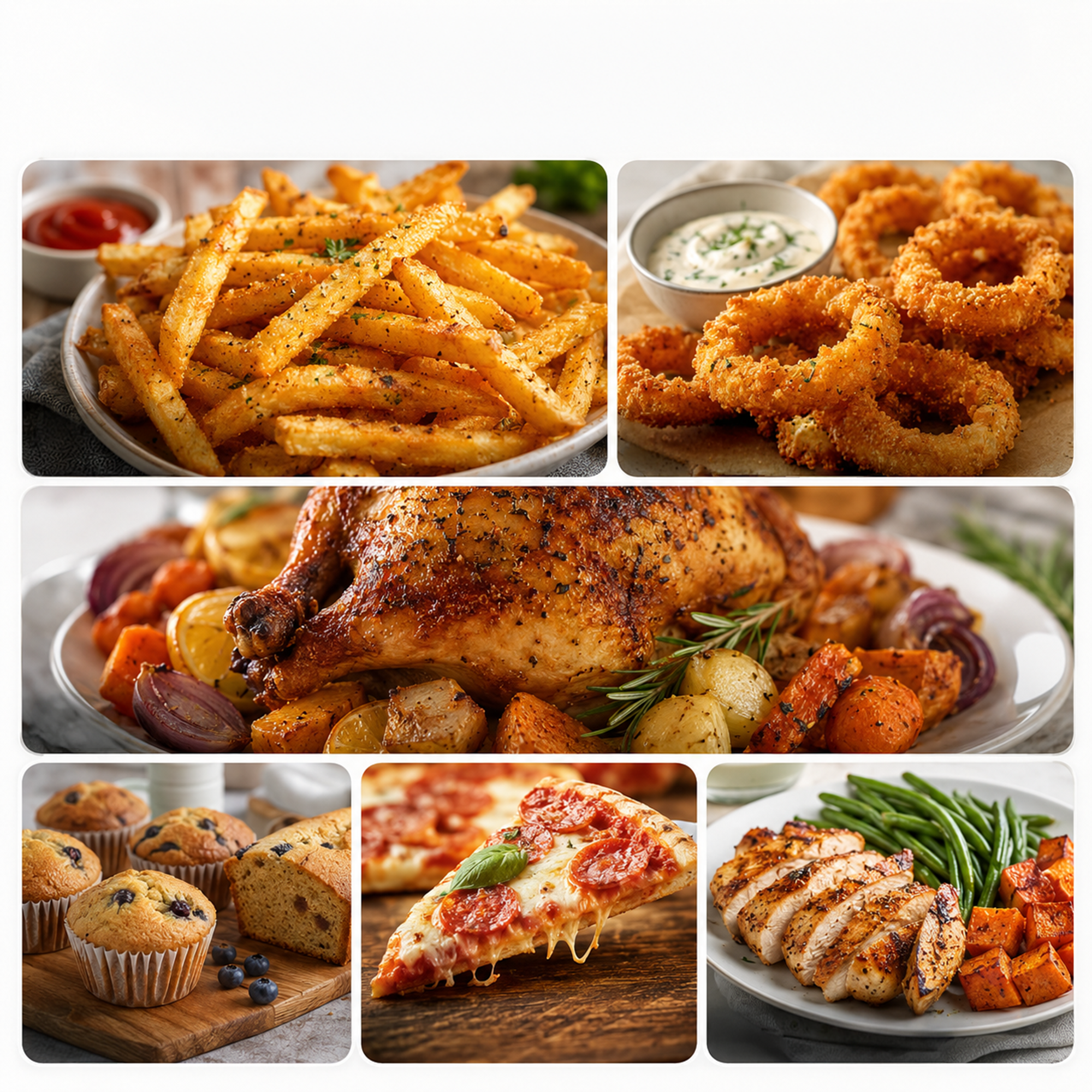 A collage of fried foods, roasted chicken, muffins, pizza, and sliced chicken breast with vegetables.