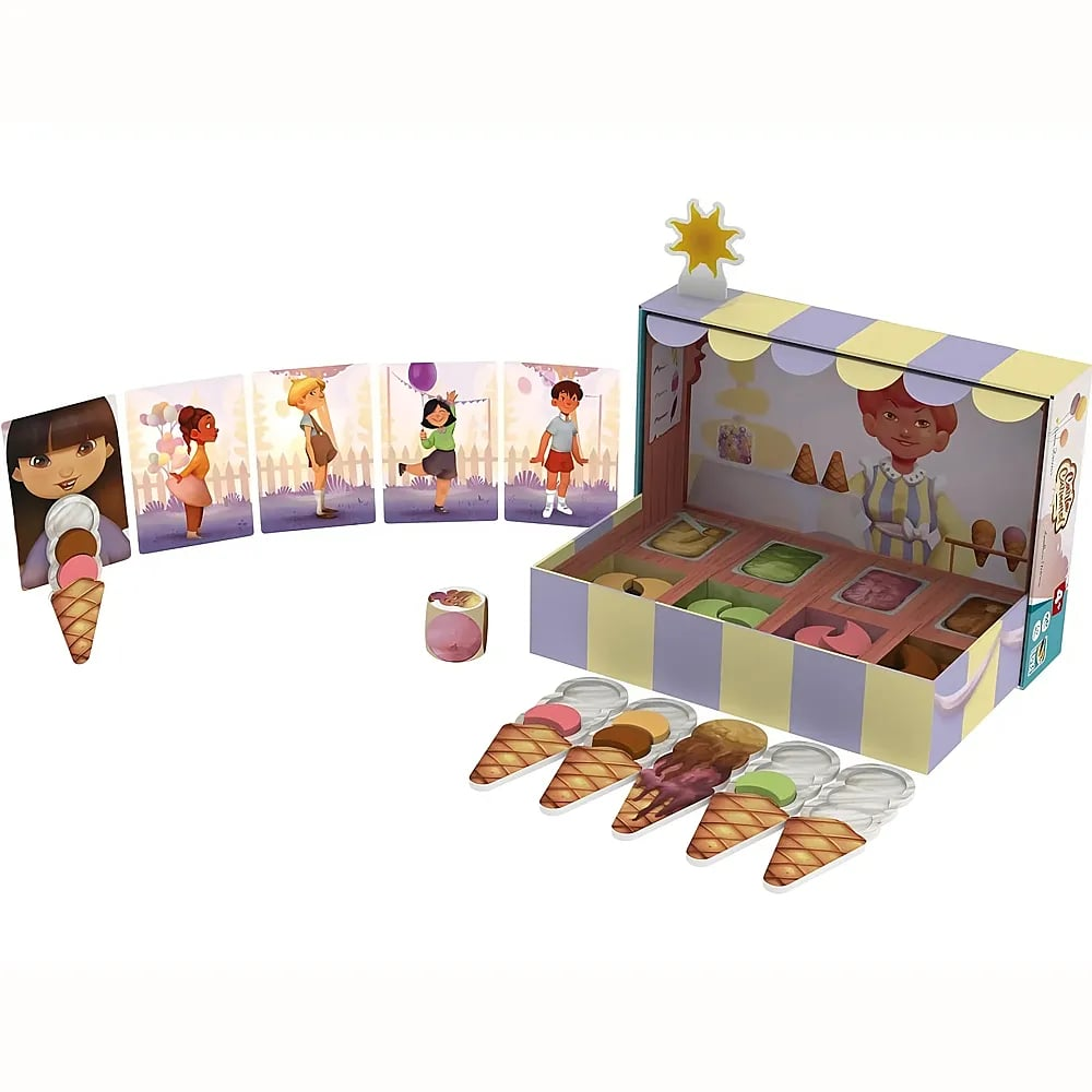 Ein farbenfrohes Eissalon-Brettspiel mit Karten, Pappwaffeln, einem Würfel und einer aufklappbaren Spielschachtel.