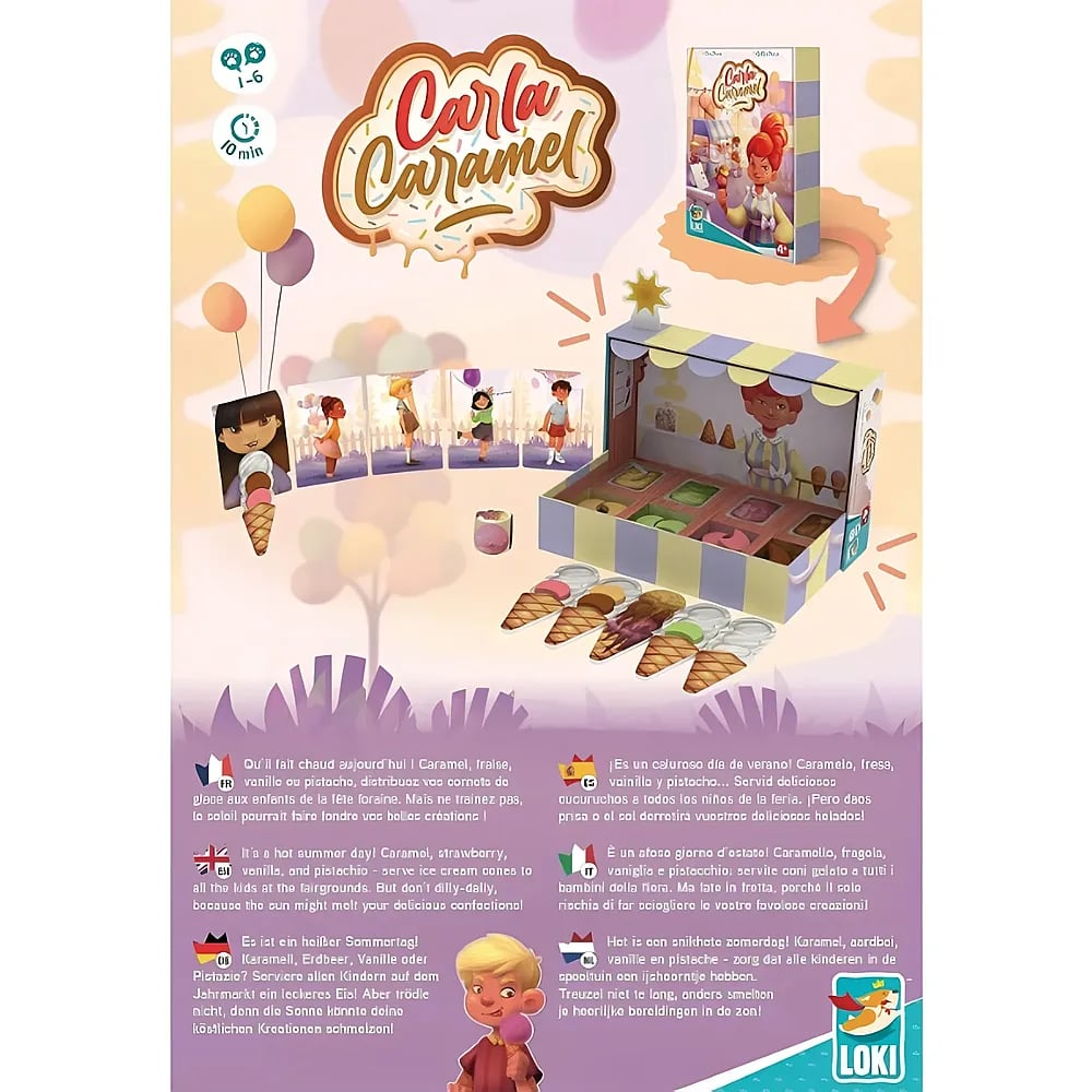 Verpackung und Spielmaterial des Brettspiels Carla Caramel mit Karten, Eiswaffeln und bunten Illustrationen.