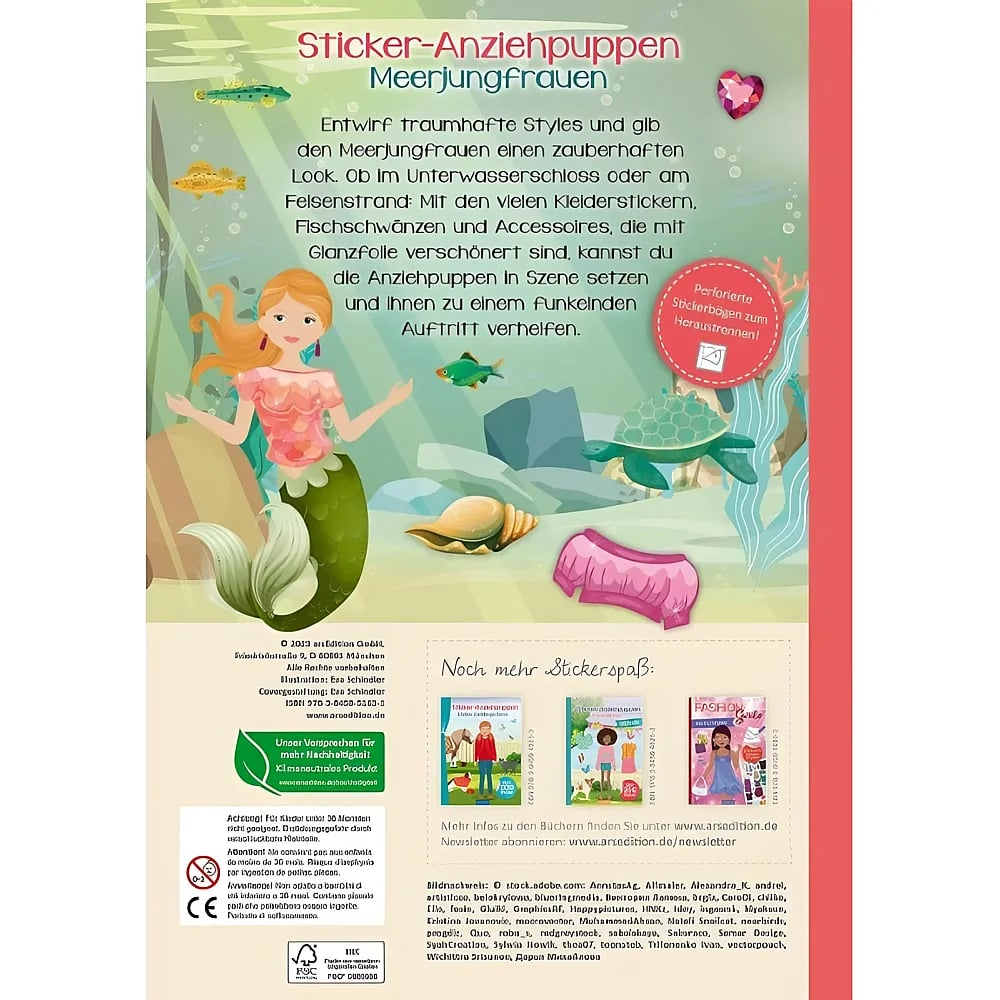 Cover eines Sticker-Anziehpuppen-Buches mit Meerjungfrau-Motiv, Unterwasser-Illustrationen und Texten.