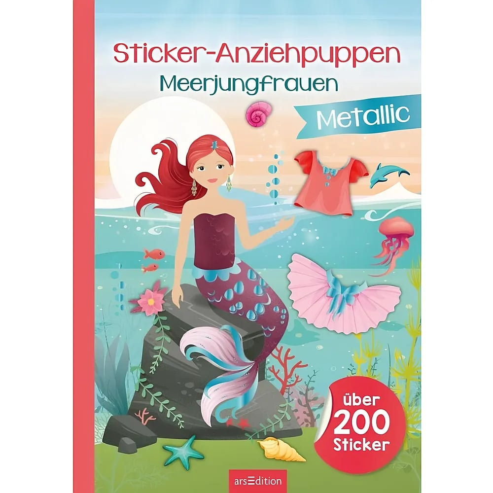 Cover eines Sticker-Buches mit einer Meerjungfrau auf einem Felsen, Kleidung und Meeresmotiven.