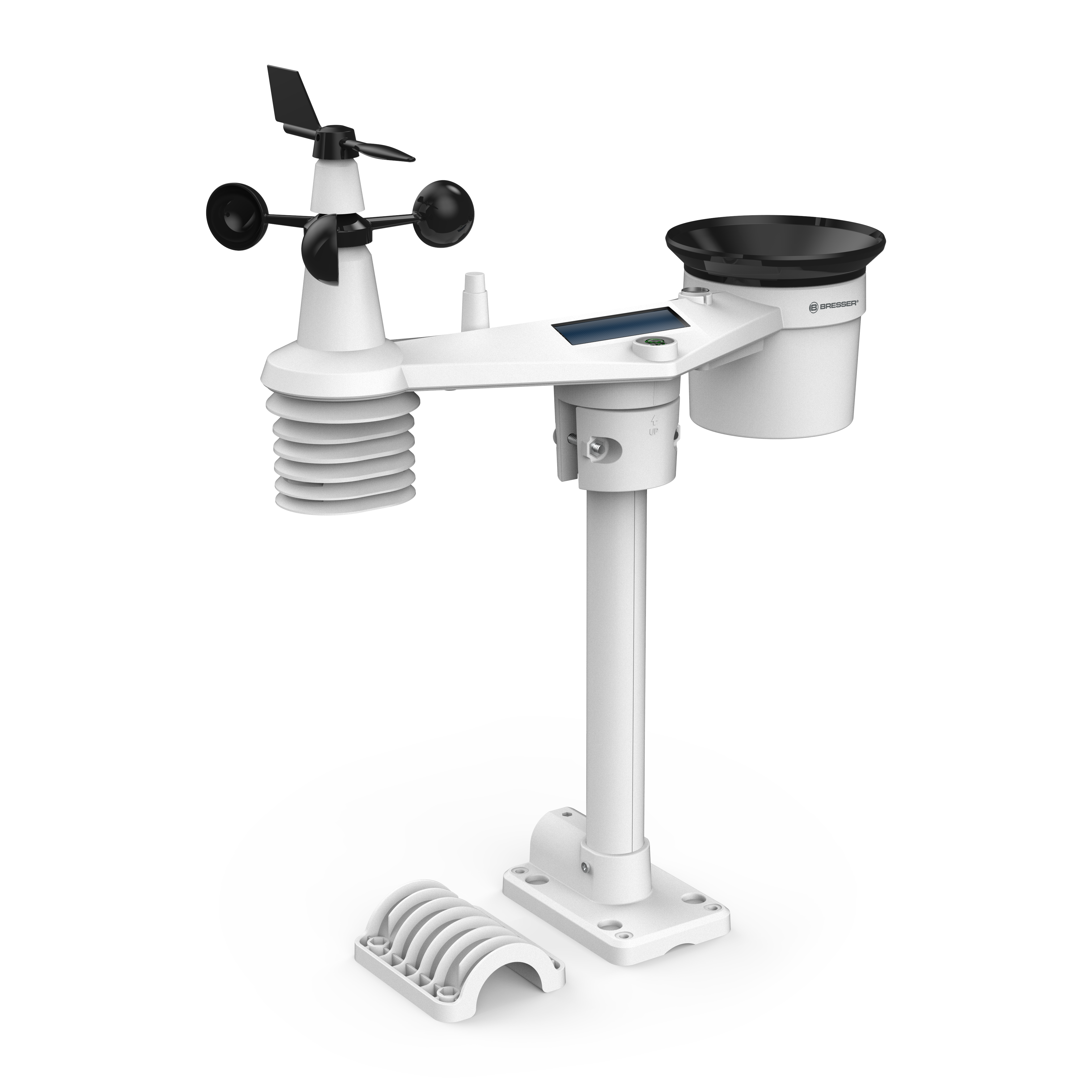 Un sensor meteorológico inalámbrico blanco con anemómetro, pluviómetro y accesorios de montaje sobre fondo negro.