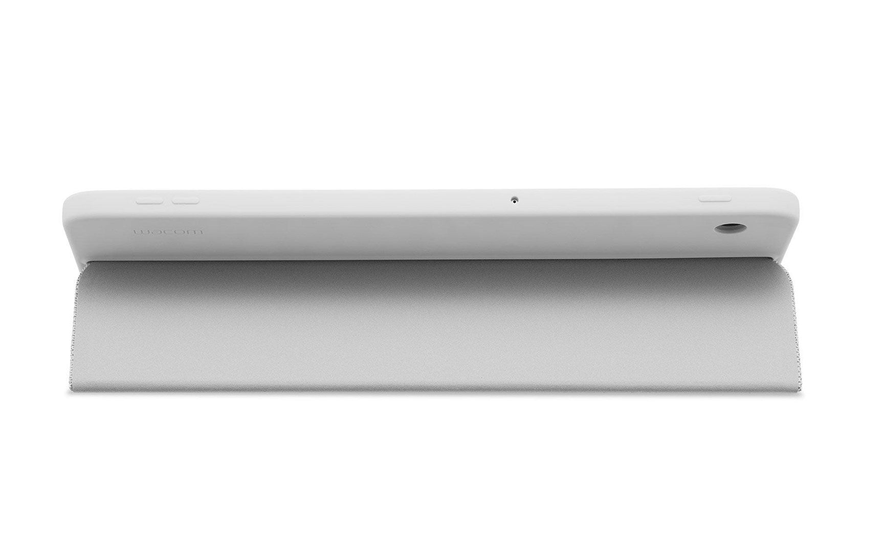 Un tablet grafico bianco con supporto su uno sfondo bianco.