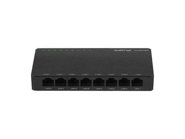 Czarny 8-portowy przełącznik sieciowy ethernet na białym tle.