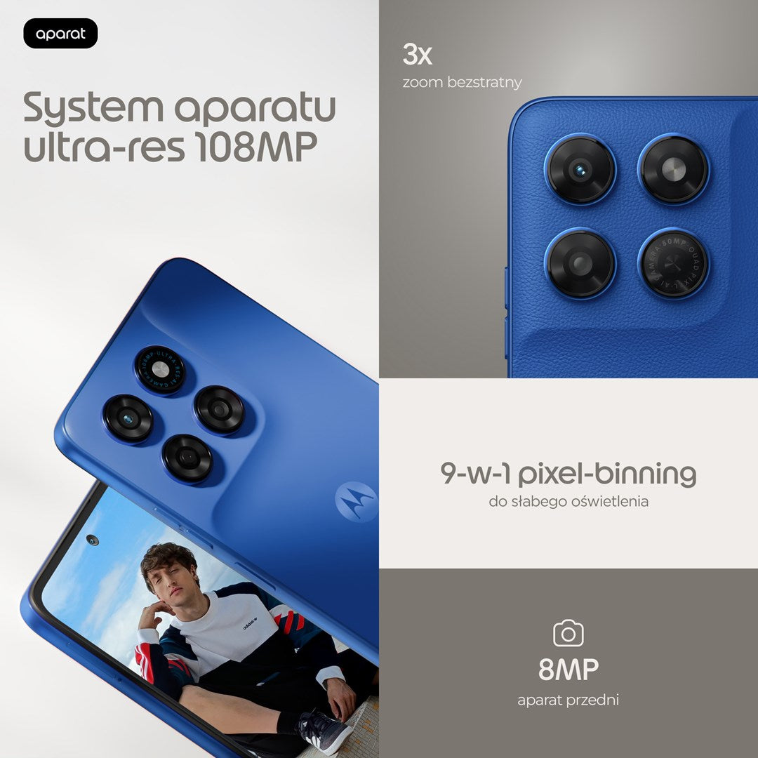 Uno smartphone blu con sistema di fotocamera da 108 MP, zoom 3x e pixel binning 9 in 1.