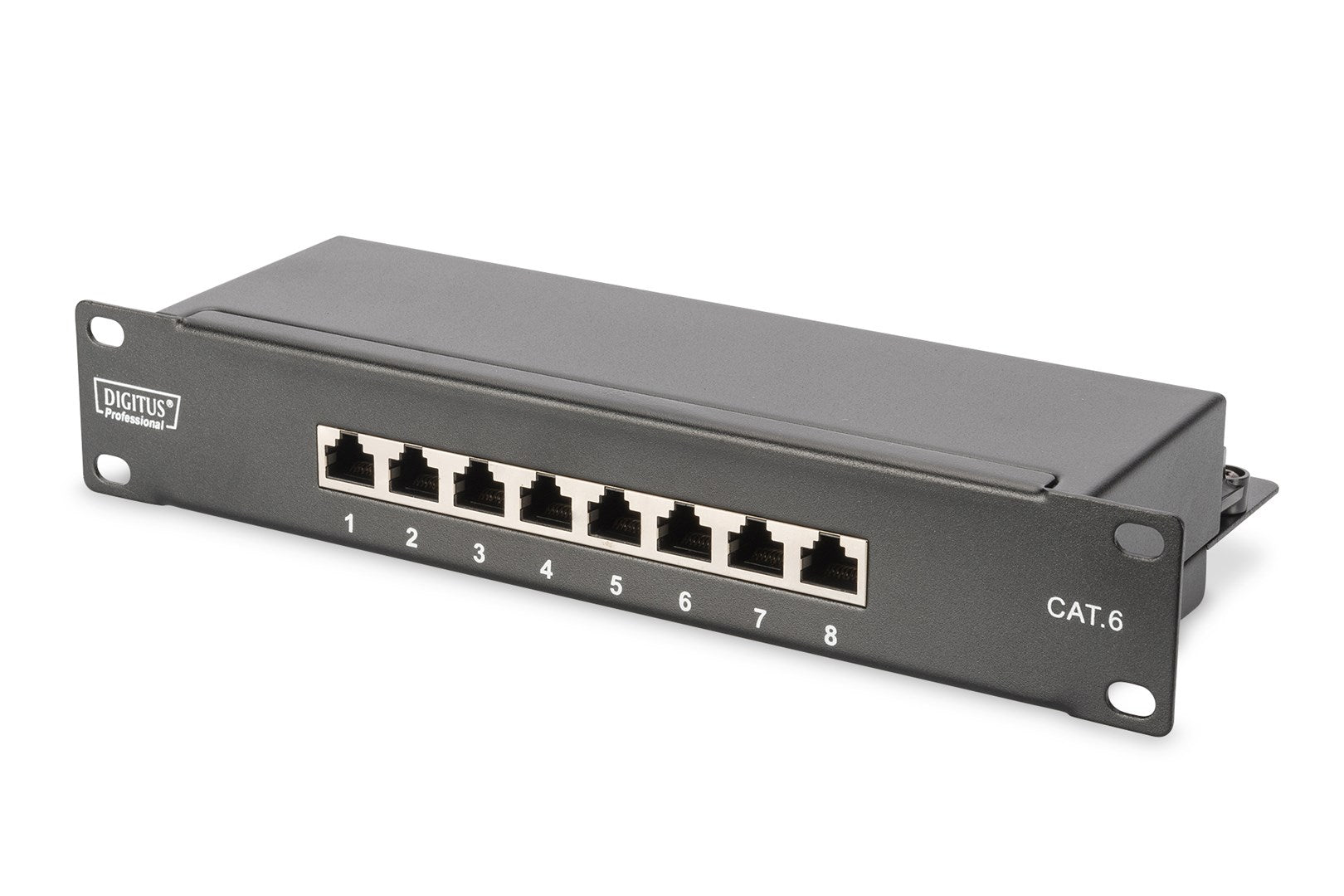 Ein schwarzes Cat.6 Patchpanel mit acht nummerierten RJ45-Ports und Digitus Professional Logo vor weißem Hintergrund.