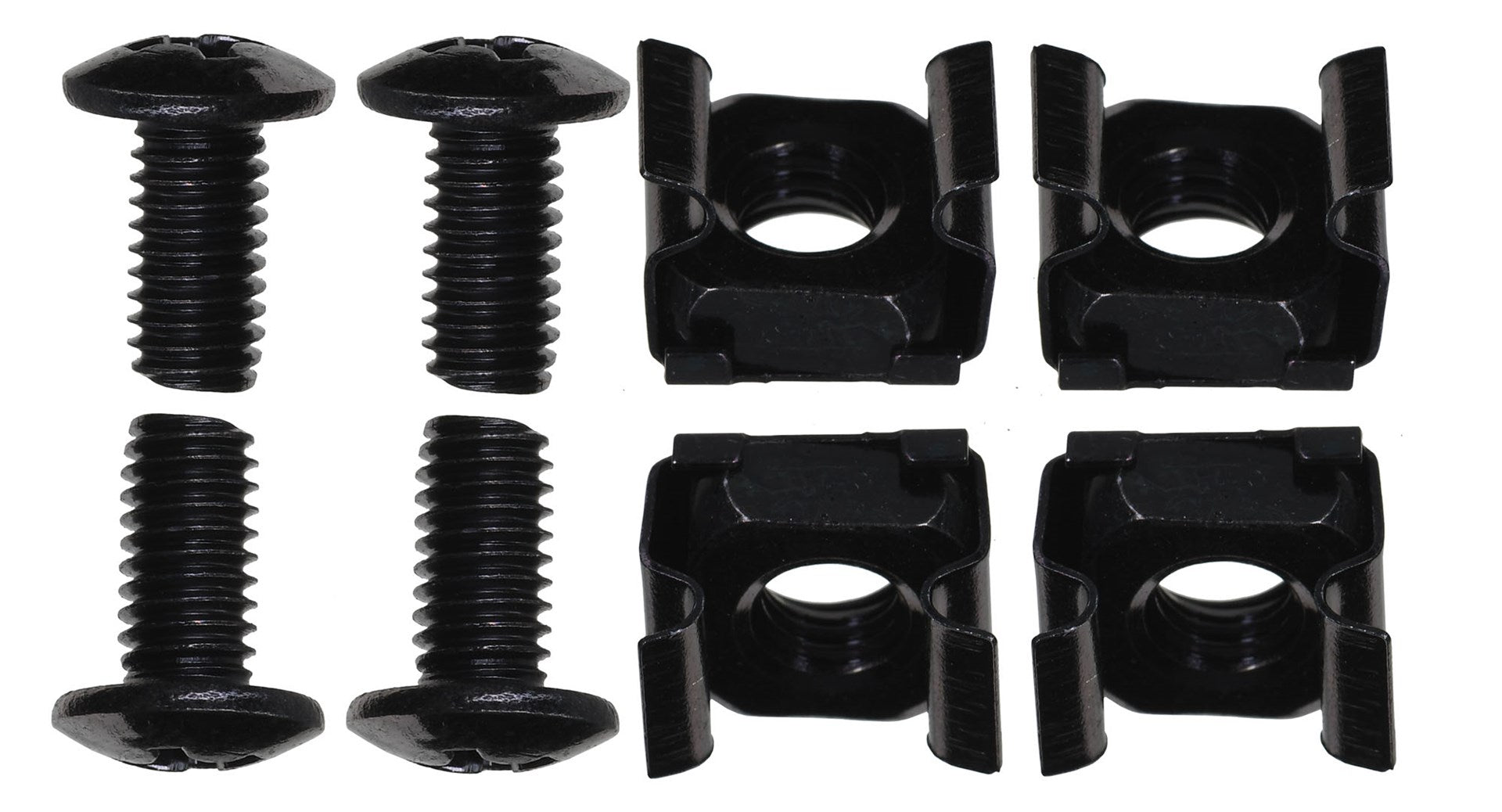 Quatre vis noires et quatre écrous cage noirs sur fond blanc.