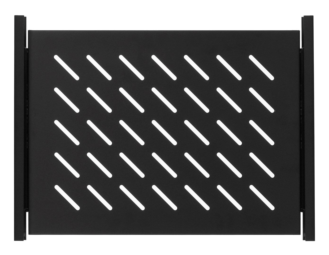 Plateau en métal noir avec fentes diagonales entre deux barres verticales sur fond blanc.