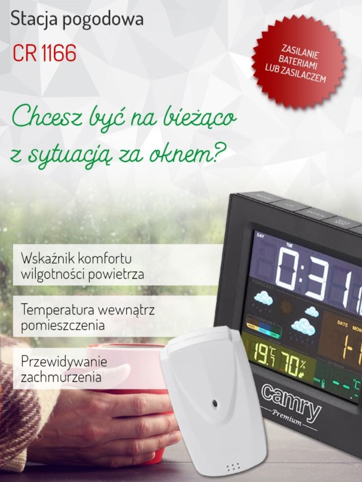 Reklama stacji pogodowej Camry CR 1166 prezentująca urządzenie i czujnik zewnętrzny.