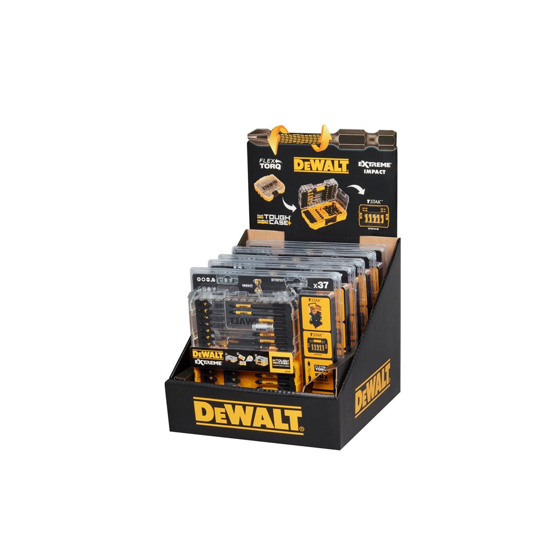 Plastik kutularda birden fazla DeWalt Extreme Impact uç setiyle dolu siyah ve sarı DeWalt karton teşhir kutusu.