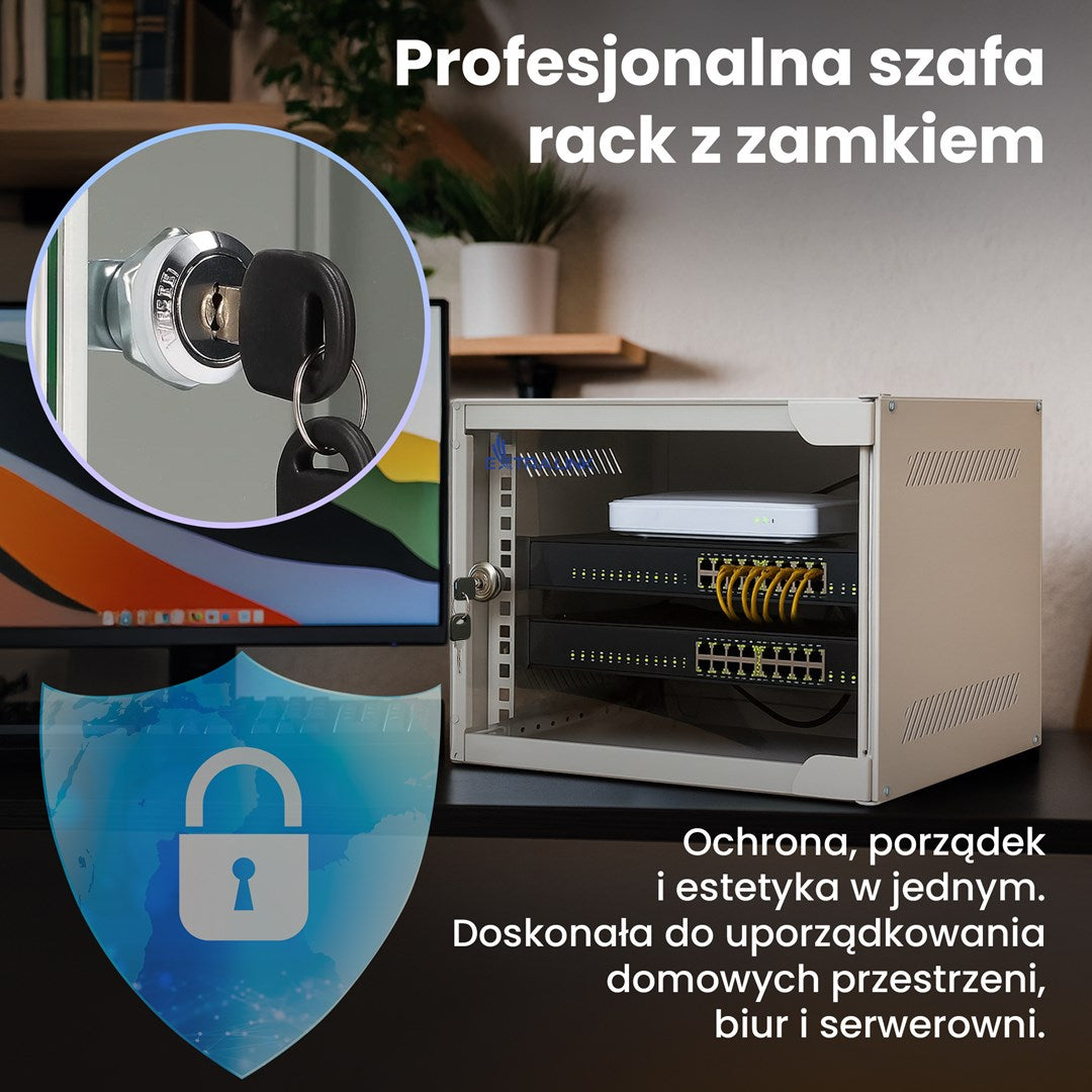 Biała szafa RACK z urządzeniami i zamkiem na biurku.