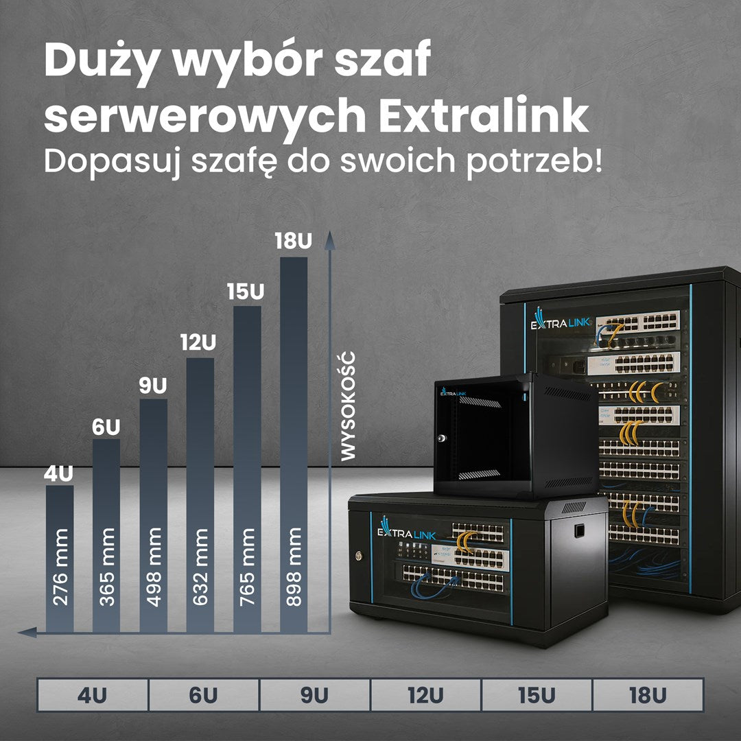 Szafy serwerowe Extralink w różnych rozmiarach, od 4U do 18U, pokazane z odpowiednimi wymiarami.