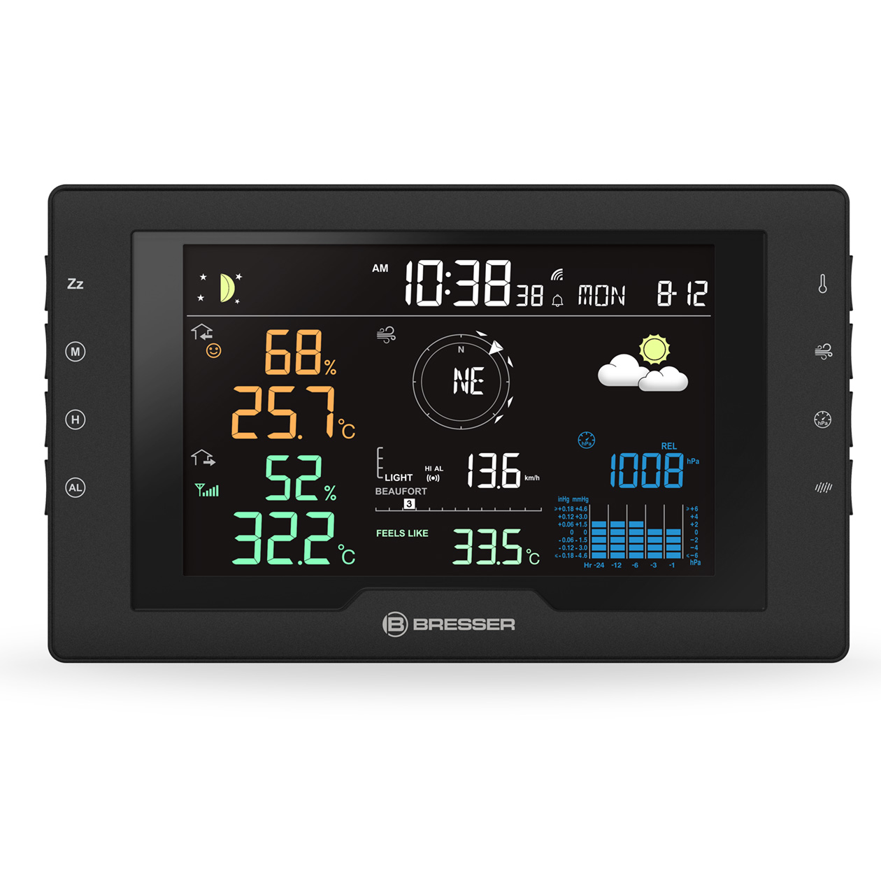 Estación meteorológica Bresser negra con pantalla digital en color que muestra hora, temperatura, humedad y clima.